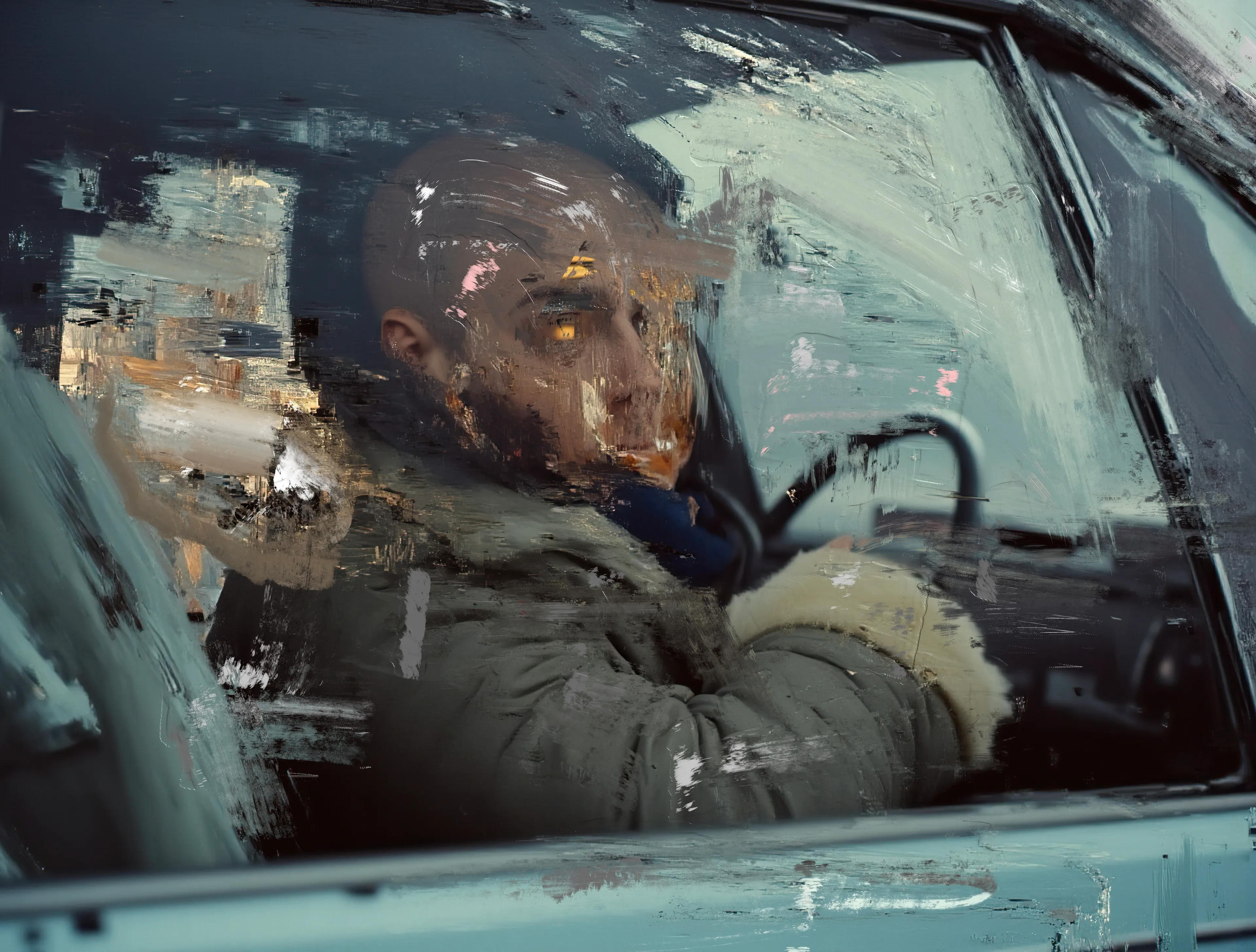 His eyes cut through the stained glass,
A map of frost and forgotten nights,
Silent highways etched on his face—
No place to arrive, no time to leave.

Metal hums like a caged beast,
Wrapped in the fur of empty winters.
The steering wheel clenched,
Knuckles pale as the distant moon.

Through cracked reflections,
A ghost stares back—
Wolf, man, machine—
None of them moving,
All of them lost.