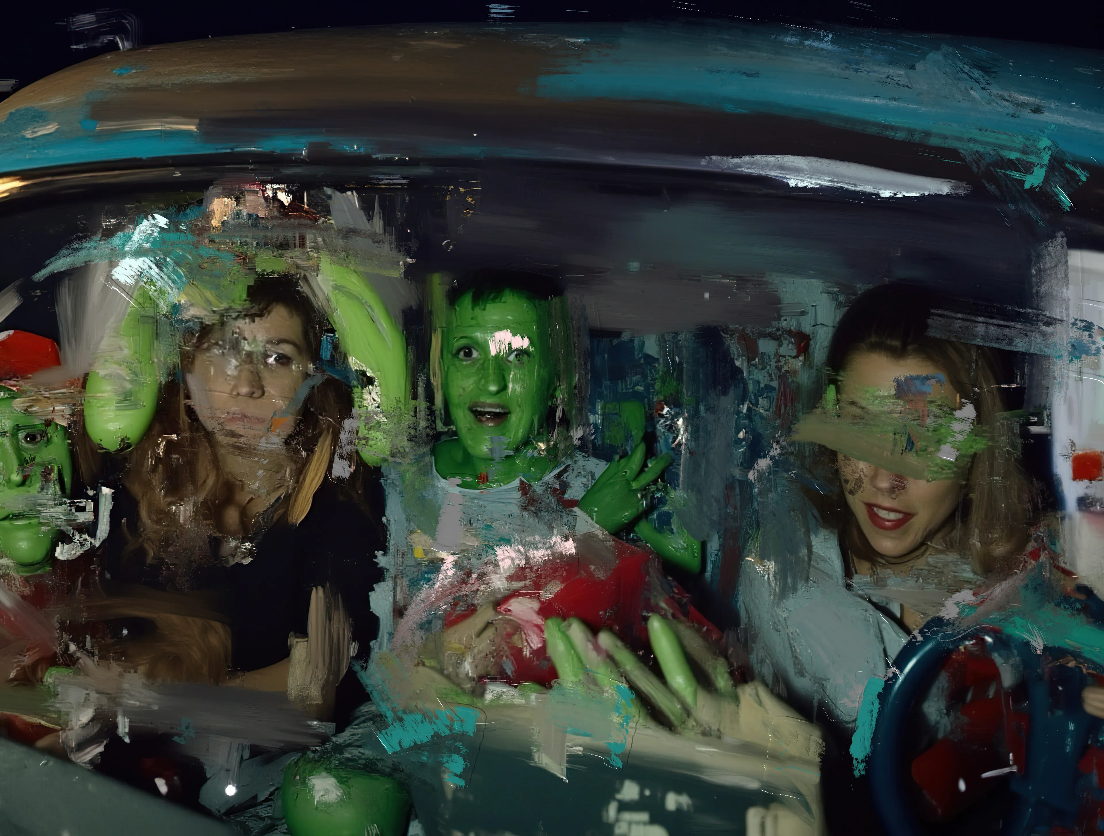 Green faces grin like broken masks,
Fingers raised in fractured peace.
A carnival spills inside the car,
Where shadows smear the laughter thin.

The driver hums, a ghost in a trance,
Eyes hidden under neon streaks.
Beside her, silence leaks,
As green hands paint the air with noise.

Outside, the night forgets itself,
Drenched in black, and bleeding light.
But the car carries on,
A vessel for dreams no longer human.