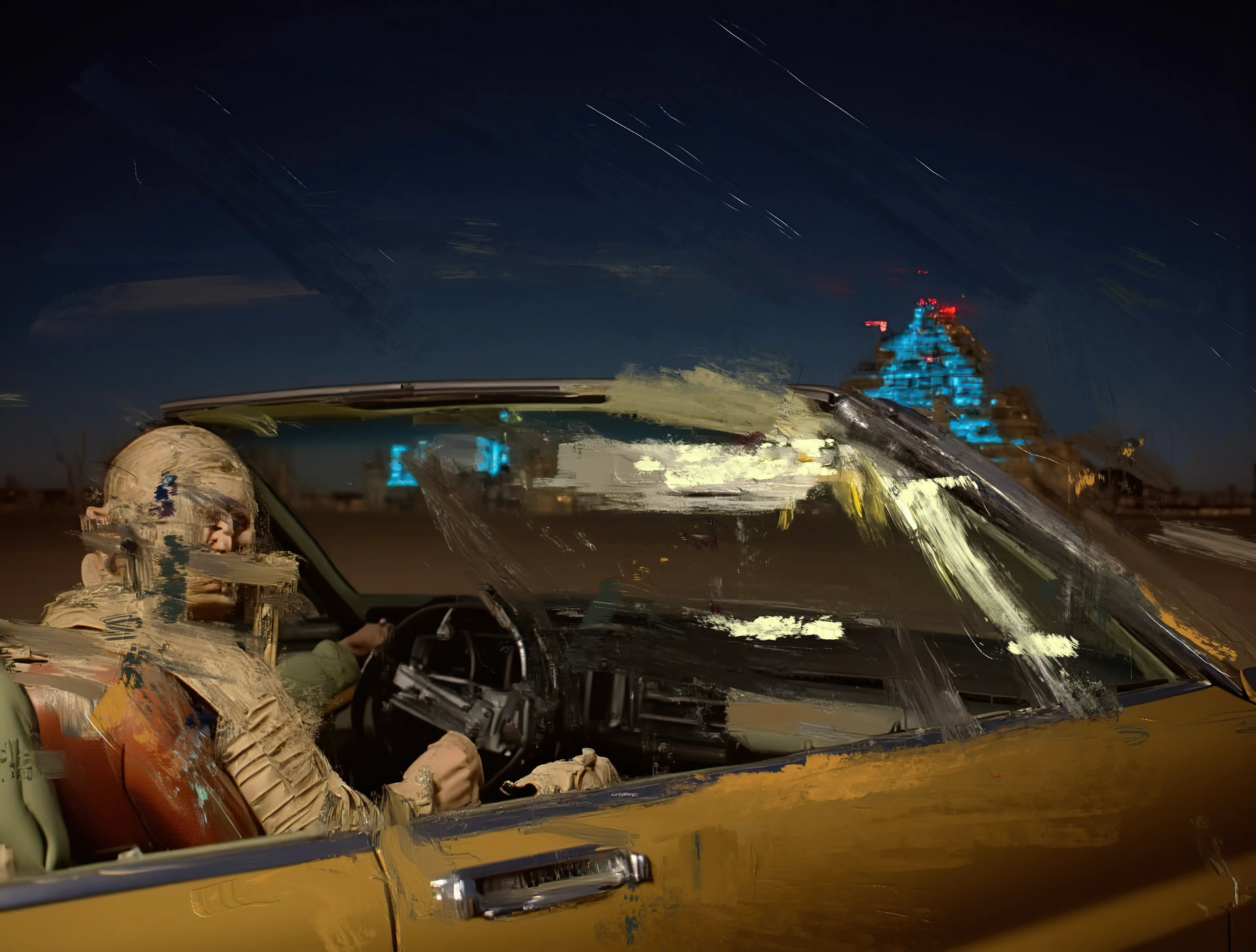 Wrapped in rust and leather,
He grips the wheel like a scepter—
Eyes carved from forgotten wars,
A smirk playing dead across his lips.

The desert hums,
A vast graveyard of neon pyramids
Buzzing with electricity and old sins.
The road stretches like an ancient riddle,
And he knows the answer but refuses to say it.

Behind him, the horizon burns—
A temple of light collapsing on itself,
A silent apocalypse in cyan and crimson.
The engine growls low, a beast tamed
Only by the weight of his hand.

This is no pilgrimage.
No redemption here.
Just a man in gold
Driving toward the last shadow,
Where the night finally swallows him whole.