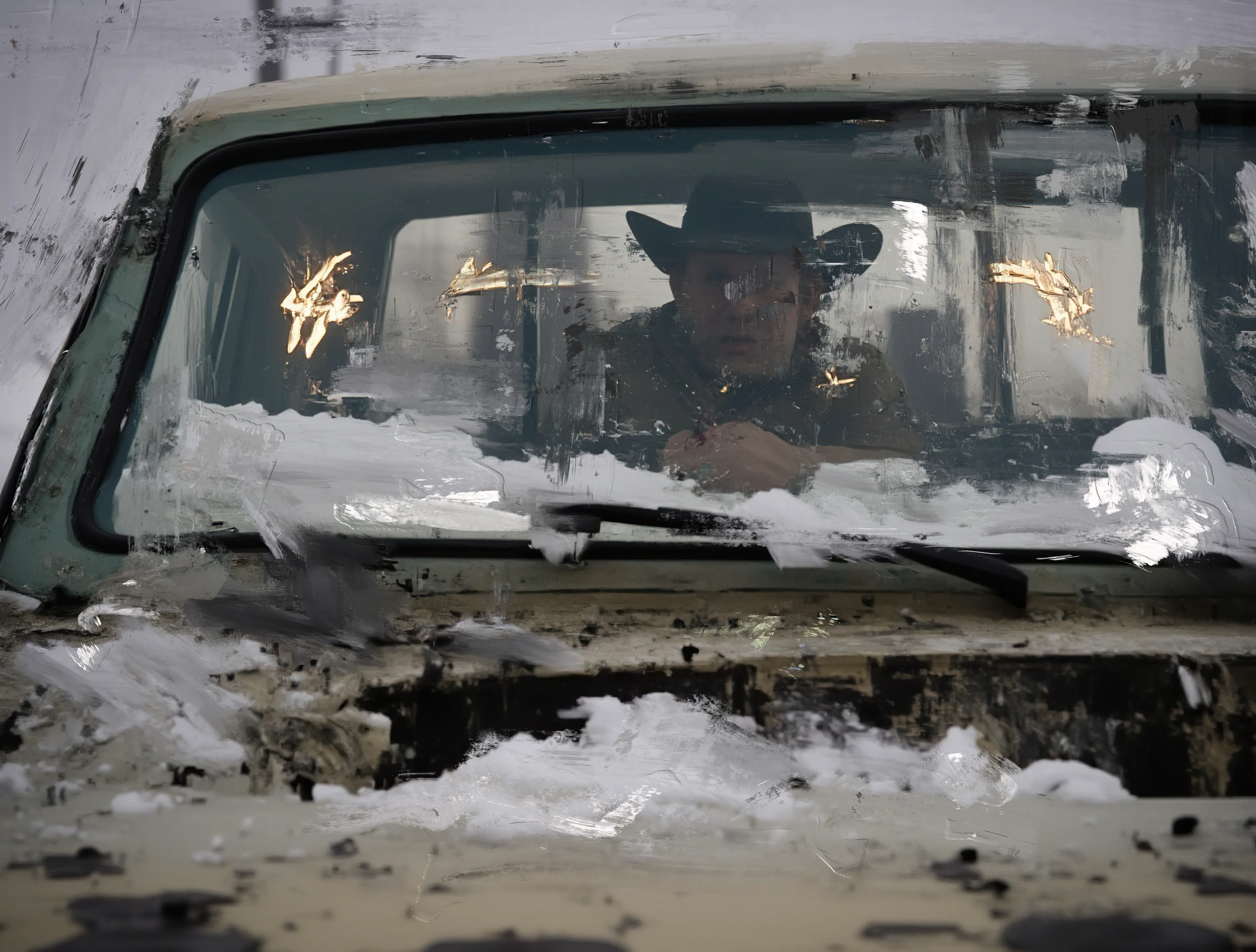 A tired truck hums a hollow hymn,
Its engine choked with frozen air.
Inside, a shadow leans—
Fingers tapping frostbit steel.

The cowboy stares through cracked glass,
His eyes colder than the blizzard’s touch.
Antlers flicker in the rearview,
Ghosts of deer, or some lost memory.

Snow slouches on the hood,
Melting like promises too thin to keep.
In the distance, neon firelight burns,
But no one rides to the rescue here.