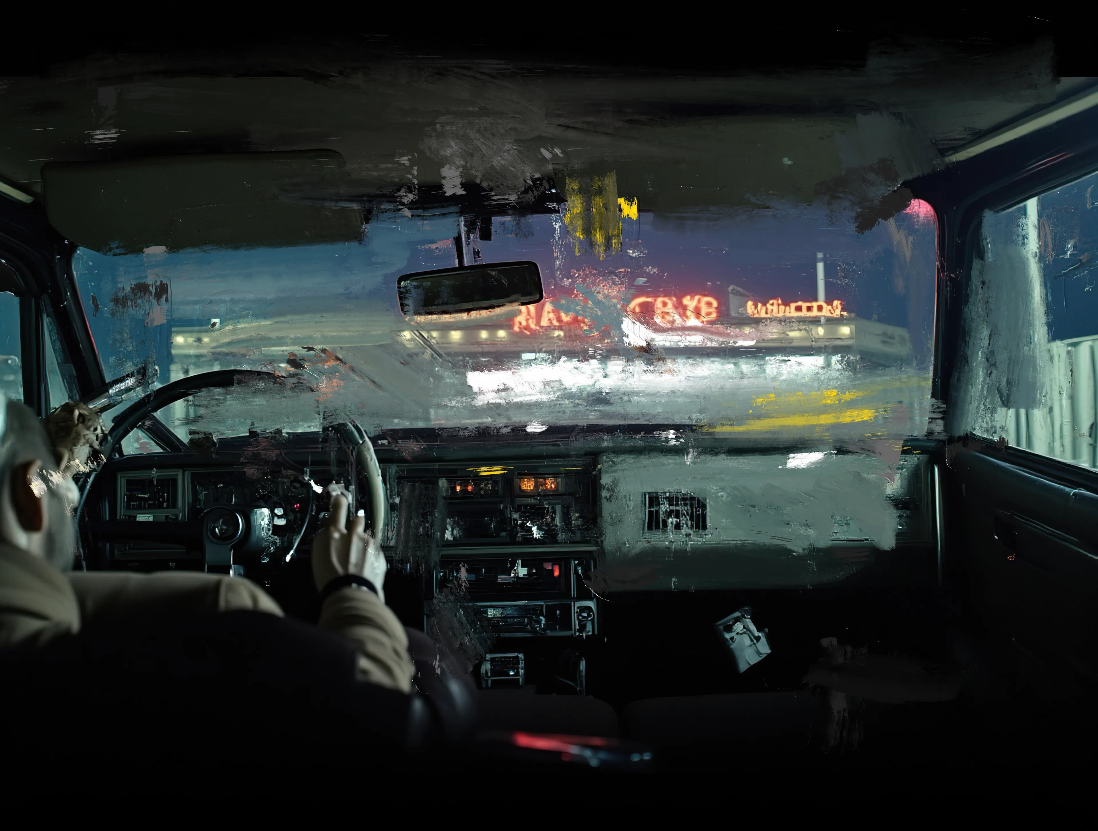 He grips the wheel with the reverence of a sinner at confession,
Knuckles pale, fingers trembling—
Not from fear, but from the weight of endless miles.

Ahead, neon signs bleed like fresh wounds,
Their promises flickering in the haze:
A motel, a bar, salvation sold by the hour.
The words blur and burn—
CRYB, WHITERS, meaning lost in electric static,
But their glow seeps into the windshield
Like a preacher's last sermon to an empty church.

The dashboard hums a quiet song of broken dials and dying bulbs,
The engine groans—half machine, half beast—
Dragging them deeper into the dark.

Outside, the world is a sheet of black ice,
Cold and endless,
A desert where headlights drown in nothingness.

And in the rearview mirror,
There’s no one.
Just the faint reflection of a man who stopped asking questions,
Driving blind into a horizon that never comes.