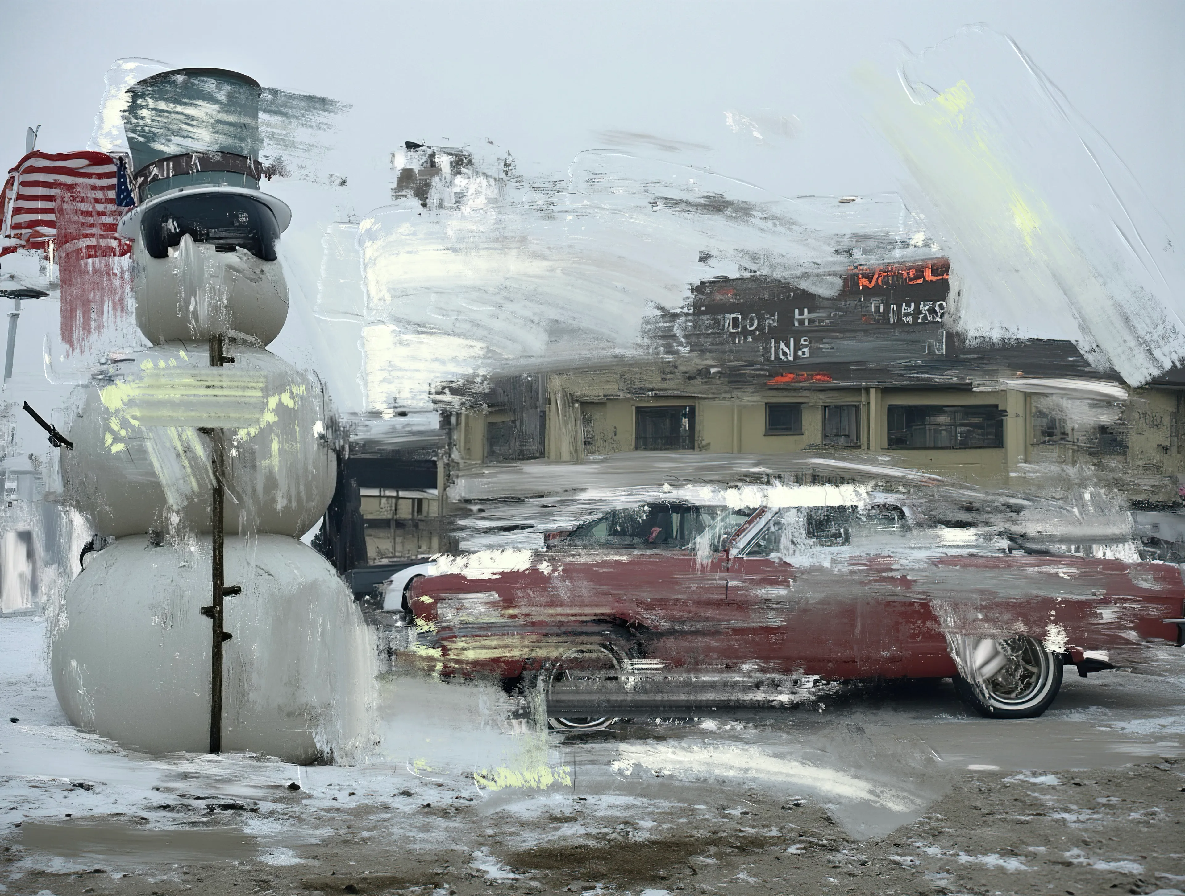 The snowman stood like a crooked king,
Tattered flag flapping in the cold white void.
Three stacked lies in a frosted top hat,
A parody of freedom,
Glaring through plastic goggles
At the car that shouldn’t have stayed.

The Dodge was blood-red nostalgia,
A weary machine left ticking under painted smog.
Its tires cracked the silence,
Motel whispers folded into the wind —
“CHECK OUT NEVER.”

Somewhere, the neon stuttered:
N-MOTEL-HOT, half a promise
In a parking lot wasteland,
Where time froze mid-revolt.

The air reeked of memories
No one dared name —
Burnt rubber, old wars,
And faded American dreams
Packed in snow,
Buried for no one to find.

It wasn’t just the cold.
It wasn’t just the car.
This was the anthem of roads untraveled,
Where patriots became snowmen
And motels hummed the last
Of broken machine hymns.

Let the flag fly ragged.
Let the engine idle.
No one here
Is going anywhere.