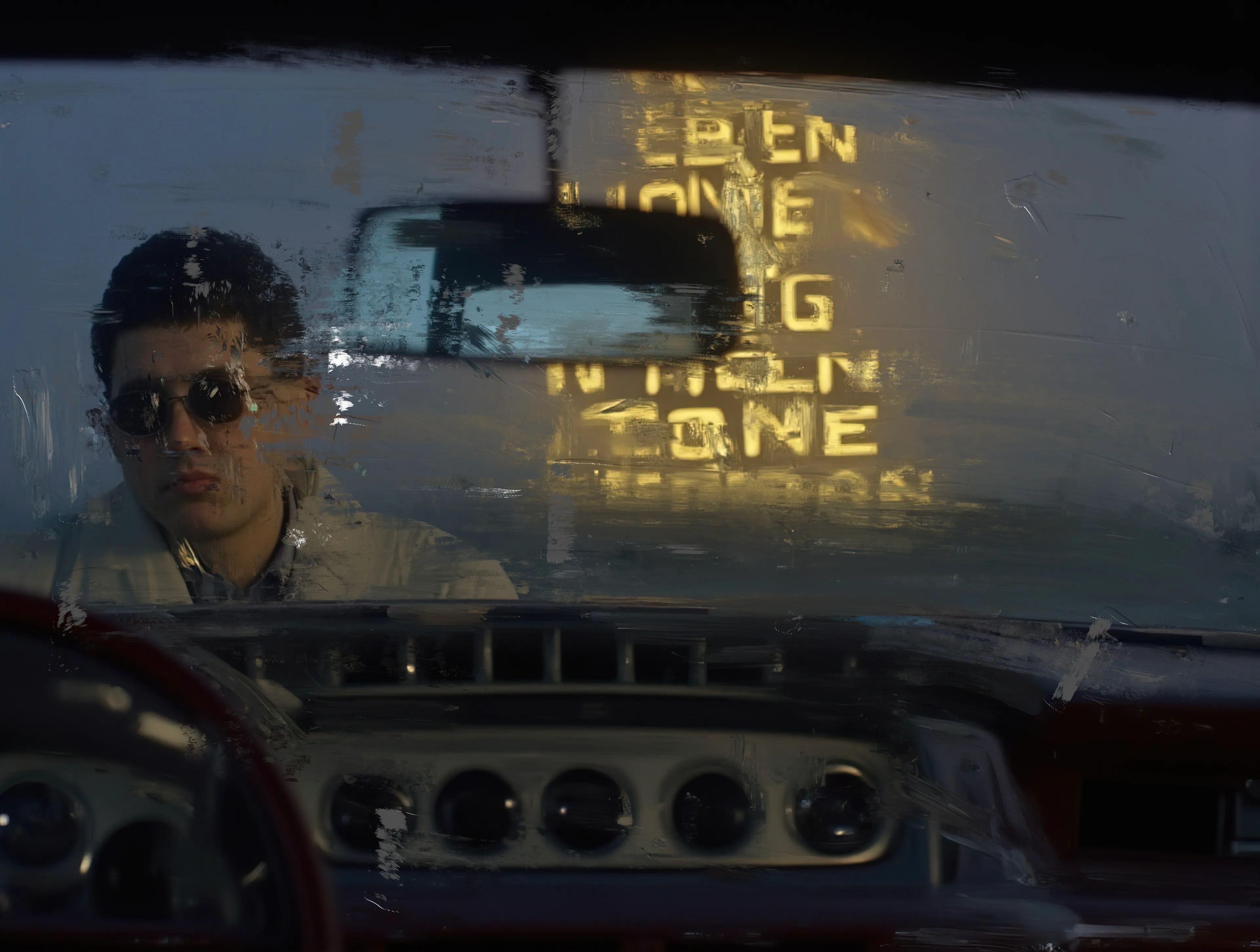 Through the glass, the world sneers back —
Golden letters bleached in neon desperation.
OPEN GONE — the sign hums
Like a hymn for the forgotten.

He sits silent, sunglassed,
A king with no kingdom,
Ruling over cracked leather and a dying radio
That spits static like machine-gun fire.

Out here, time bends.
The road eats itself and spits you out —
A thousand versions of who you could’ve been.
Each mile is a confession,
Each light a lie you told yourself
To keep driving, keep breathing,
Keep outrunning the reaper in the rearview.

The night watches.
He exhales, heavy,
Waiting for dawn to bring nothing
But another sign
Whispering WELCOME
When all you are is gone.
