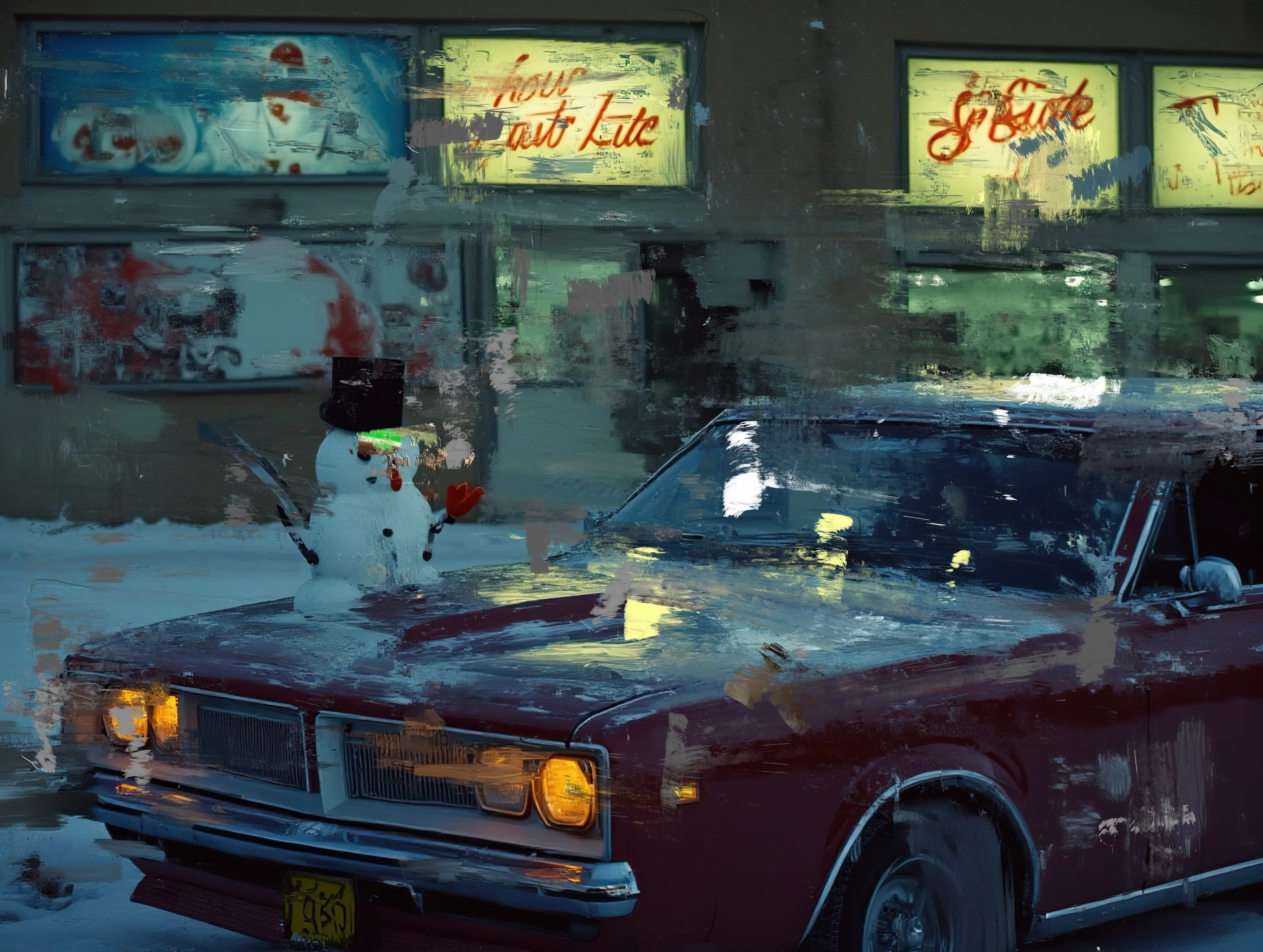 Neon flickers—
Late-night promises
For the lost and the restless.

A frostbitten sentinel,
Grinning wide and hollow,
Perched atop rust and regret,
Guarding roads that go nowhere,
Beneath a sky bruised blue.

Engines cough,
Windows bleed light,
But no one leaves
And no one stays.