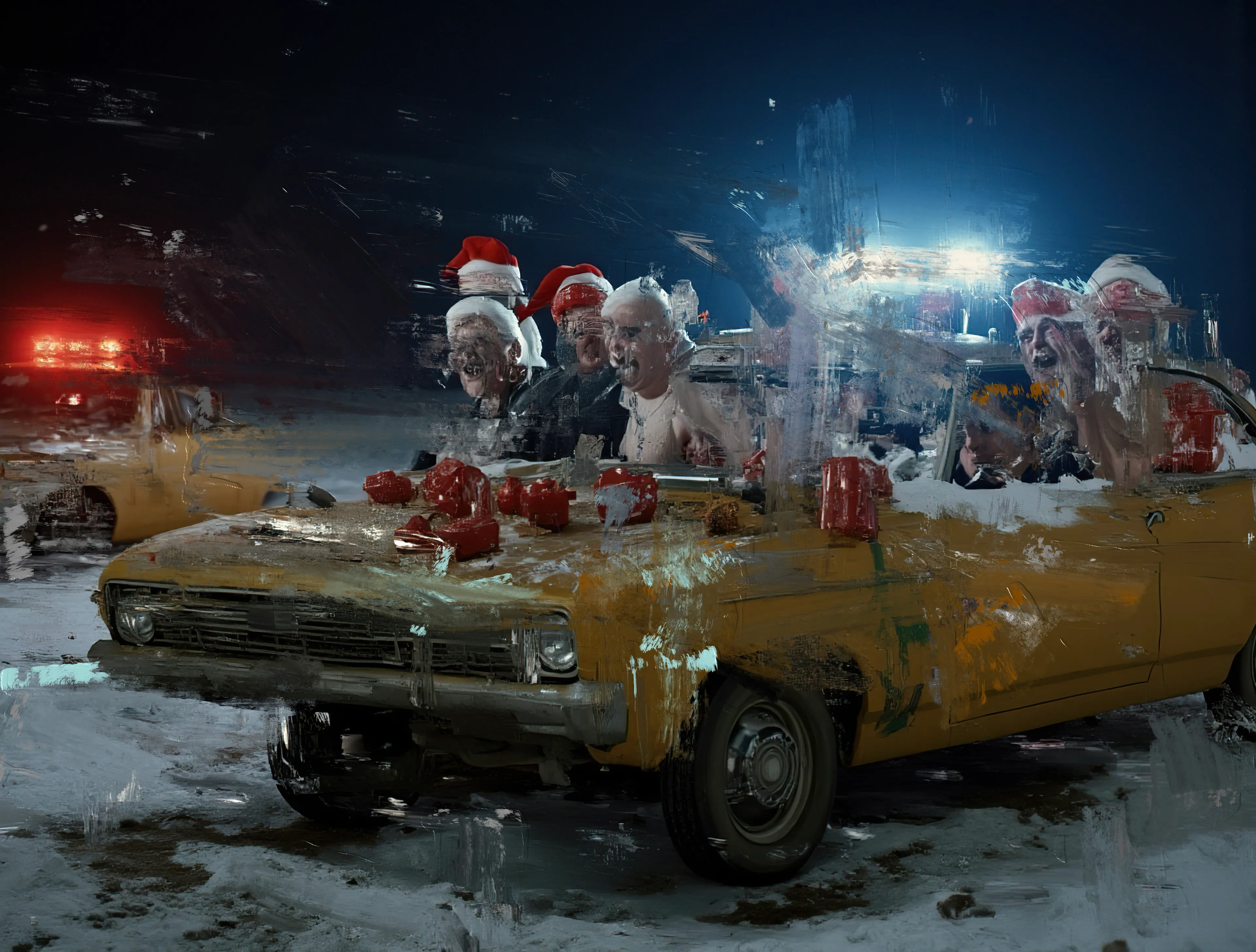 They ride into the void like war-torn saints,
Santa hats cocked like crowns of paper fire.
The car—a yellow relic of forgotten speed—
Churns through the ice like a beast overdosed on gasoline.

Red jugs scatter across the roof,
Their contents unknown but dangerous,
While bare-chested men howl into the night,
Faces lit with the kind of joy only chaos understands.

The headlights of the law flicker somewhere behind them,
Distant and dim—
Like rules they were never meant to follow.

Beneath the black sky,
The snow looks less like purity and more like fallout,
Dusting a world that stopped pretending to be innocent.
And the car keeps moving—
A vessel for madness,
Or maybe salvation in disguise.