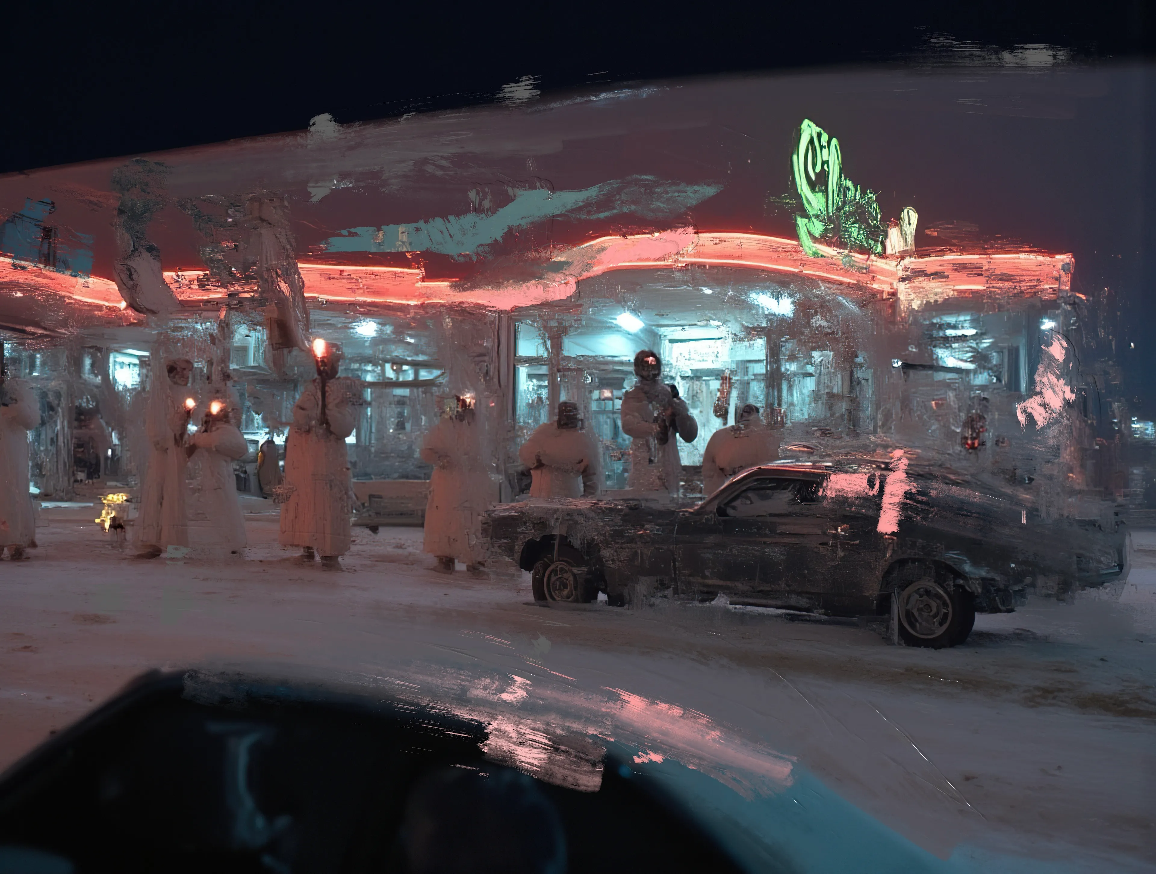 Neon hums above frozen prayers,
Figures in white, shadow-wrapped and still.
The flames they hold don’t warm,
But burn into the retina —
A warning, or perhaps a hymn.

Engines idle, restless as the night,
While the snow erases their tracks.
Where they go, no map exists.
Only the glow of a forgotten place
And the silence of a promise never kept.
