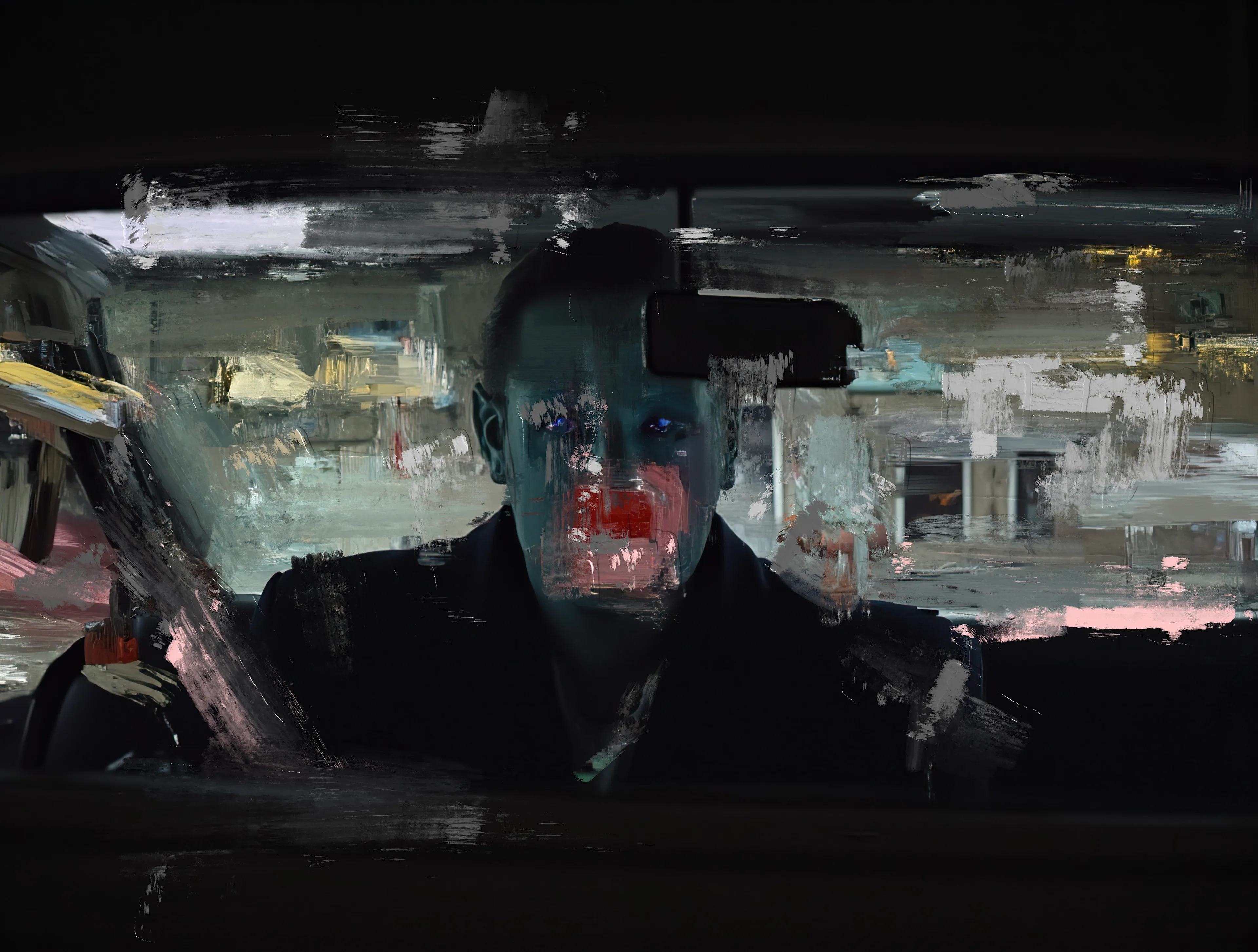 He sits like a specter in the backseat,
Face painted with the smudged mask of another life.
The glass fractures his reflection—
Eyes glowing cold, lips streaked red like a broken promise.

Outside, the city unravels in streaks of electric despair,
Windows dripping with pale neon tears.
Streetlights flicker, like they’re trying to warn someone—
But nobody ever listens to ghosts.

The engine hums a funeral dirge,
A low growl buried beneath his silence.
There’s nowhere to go, but the car keeps moving,
A steel tomb lit by the fading pulse of forgotten streets.

He stares straight ahead—
Not at the road, not at the past,
But into the void painted on the windshield.
And the void stares back,
Smiling just as wide.