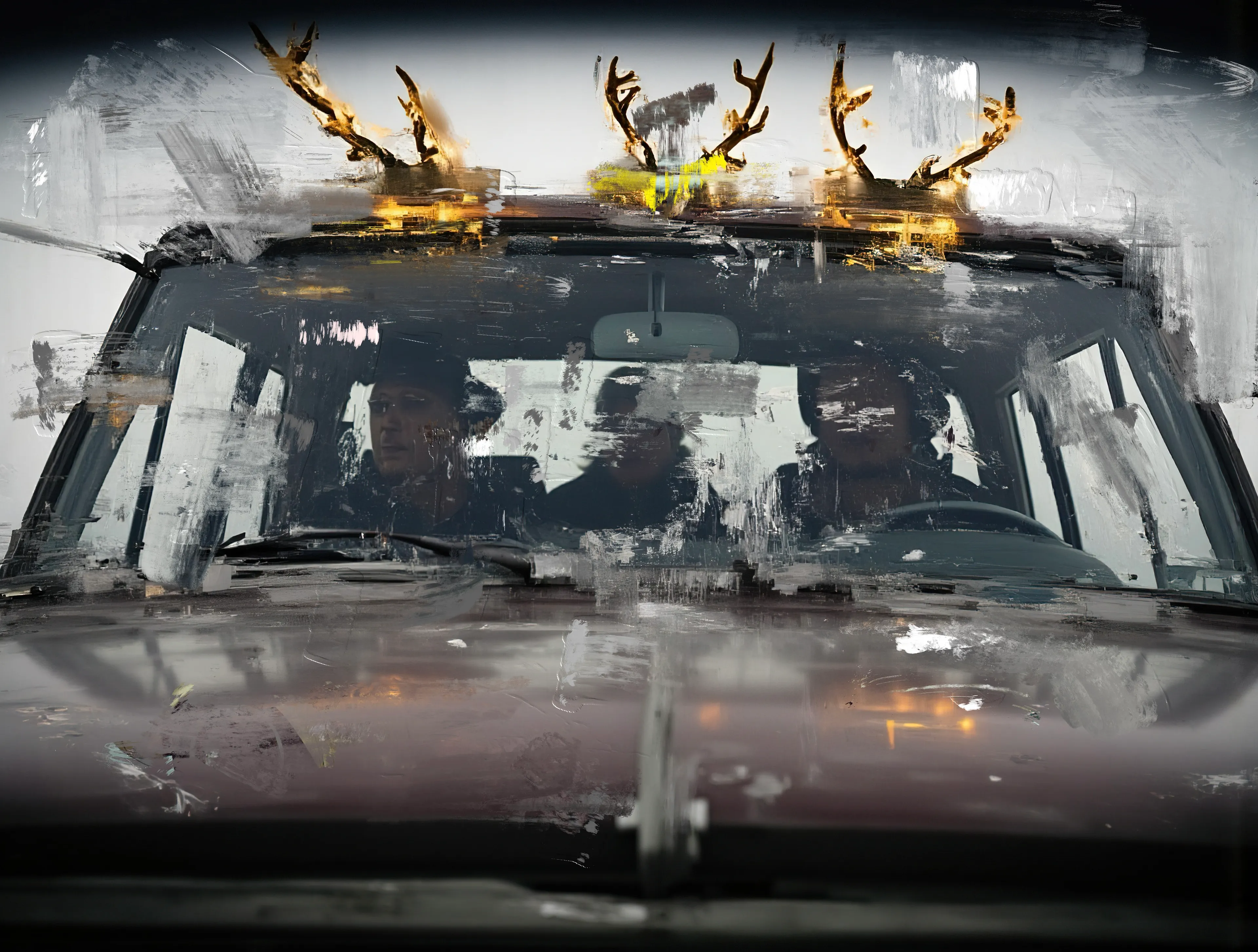 Cold air hums through shattered vents,
Breath fogging glass like ghosted hymns.
Their crowns glow gold, a flickering omen,
Against a sky that never wakes.

Eyes fixed forward, they see nothing,
The road a smudge of white and shadow.
Hands on the wheel, as if to steer,
But the world spins quietly on its own.

Snow falls soft, settling in silence,
A blanket for the kings without a throne.
Their journey endless, their laughter lost—
Only antlers remain, glowing in the gloom.