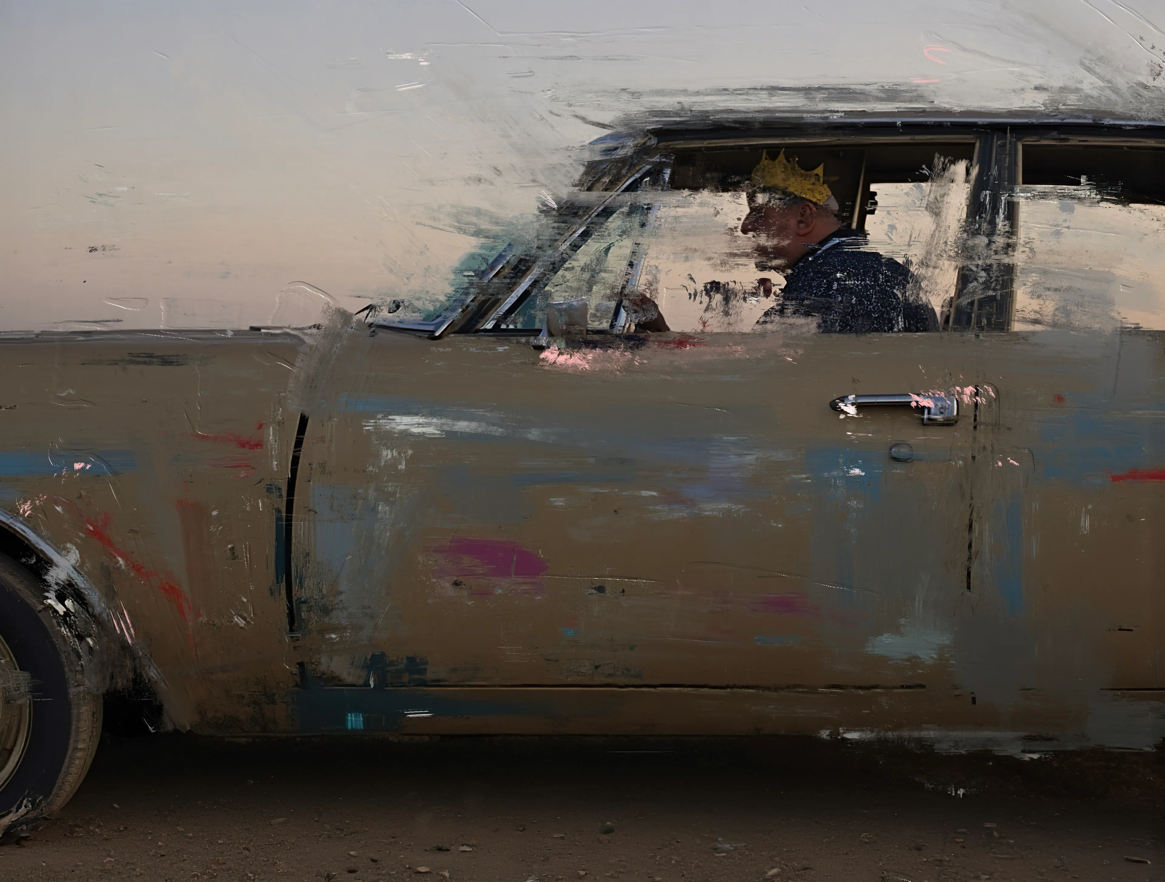 He drives the kingdom’s wreckage—
A throne on wheels, rusted and tired.
The crown’s gold is chipped,
Its shine dulled by dust kicked up from forgotten roads.

Through shattered glass,
His eyes see what others refuse—
The twilight of something vast and unnameable,
Stretching across the cracked horizon.

The kingdom, the car, the man—
Held together by fragments of glory,
And the quiet hum of an engine
That no longer promises escape.