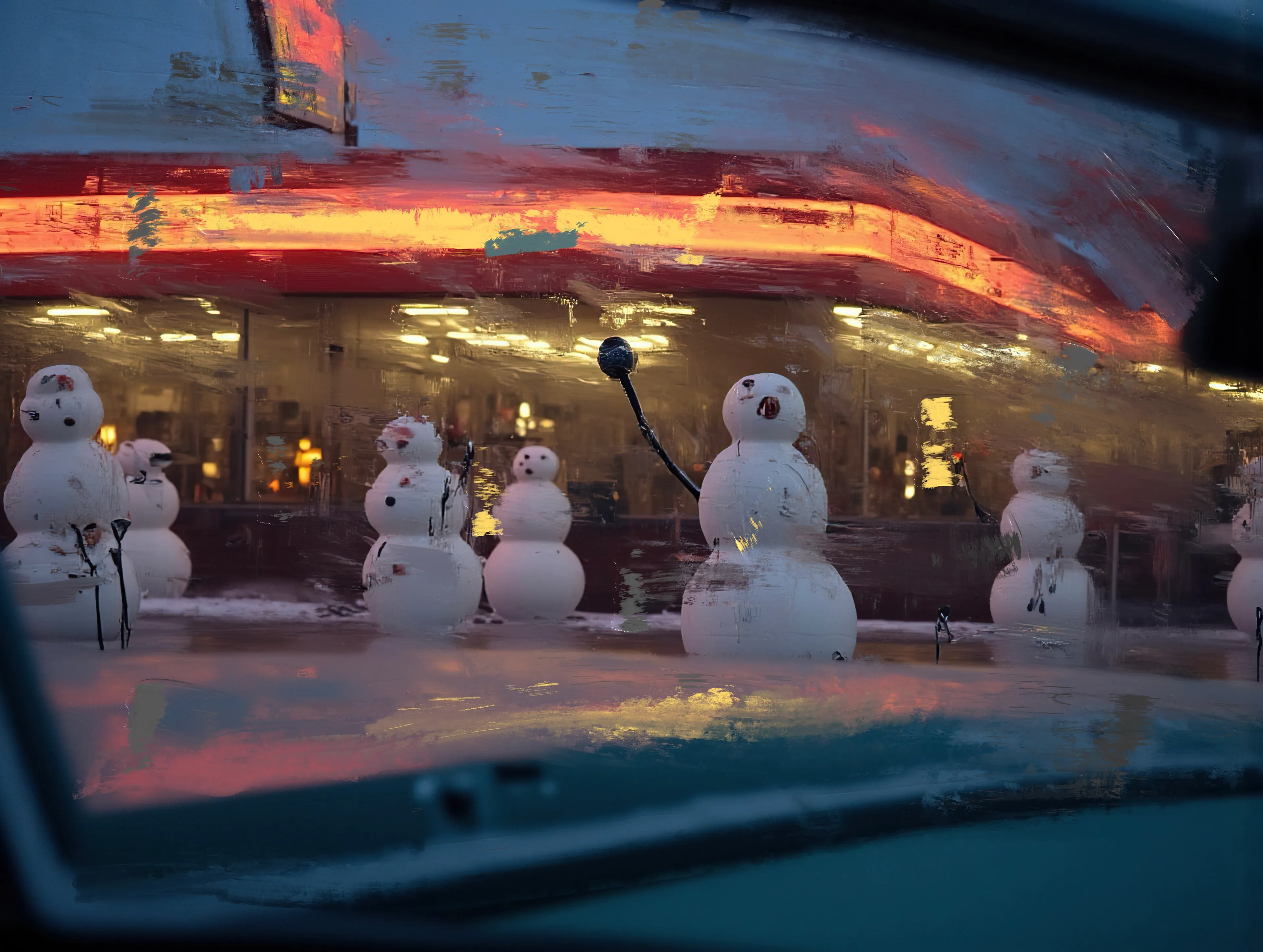 Silent sentinels under neon skies,
Their smiles chipped and hollow,
The snow beneath them stained—
As if to protest the thaw.

A diner glows, indifferent,
Its warmth untouchable.
From the window, we watch
The frost melt into nothing,
And wonder how long they’ll stand.