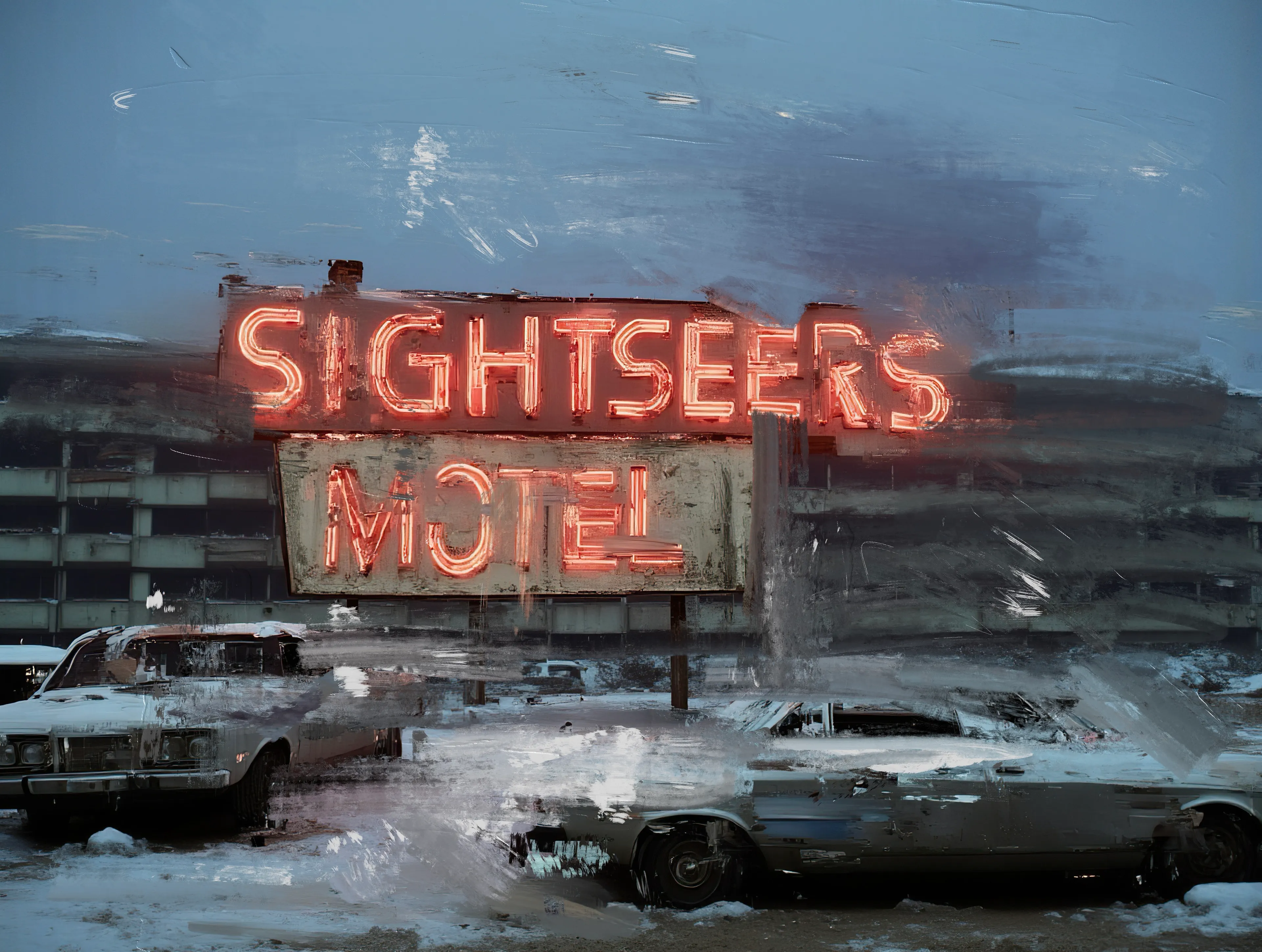 The sign burns crimson through an iron-gray dusk,
“SIGHTSEERS” buzzing like a preacher’s trust.
A promise unkept, flickering bold,
Where wanderers rest but never grow old.

Two cars rusting, ghosts at the wheel,
Salt-bitten chrome, tires frozen in steel.
Empty rooms echo a neon hum,
It’s nowhere, baby, and nowhere’s home.

The snow won’t bury what the past won’t hide,
Cheap whiskey stains, a thousand-mile ride.
Headlights pierce what’s already dead,
A vacancy sold to dreams unsaid.

This is it – the end of the road,
A slow decay in a forgotten code.
Sightseers, stop – but don’t look inside,
Where the lost still drive, and the living hide.