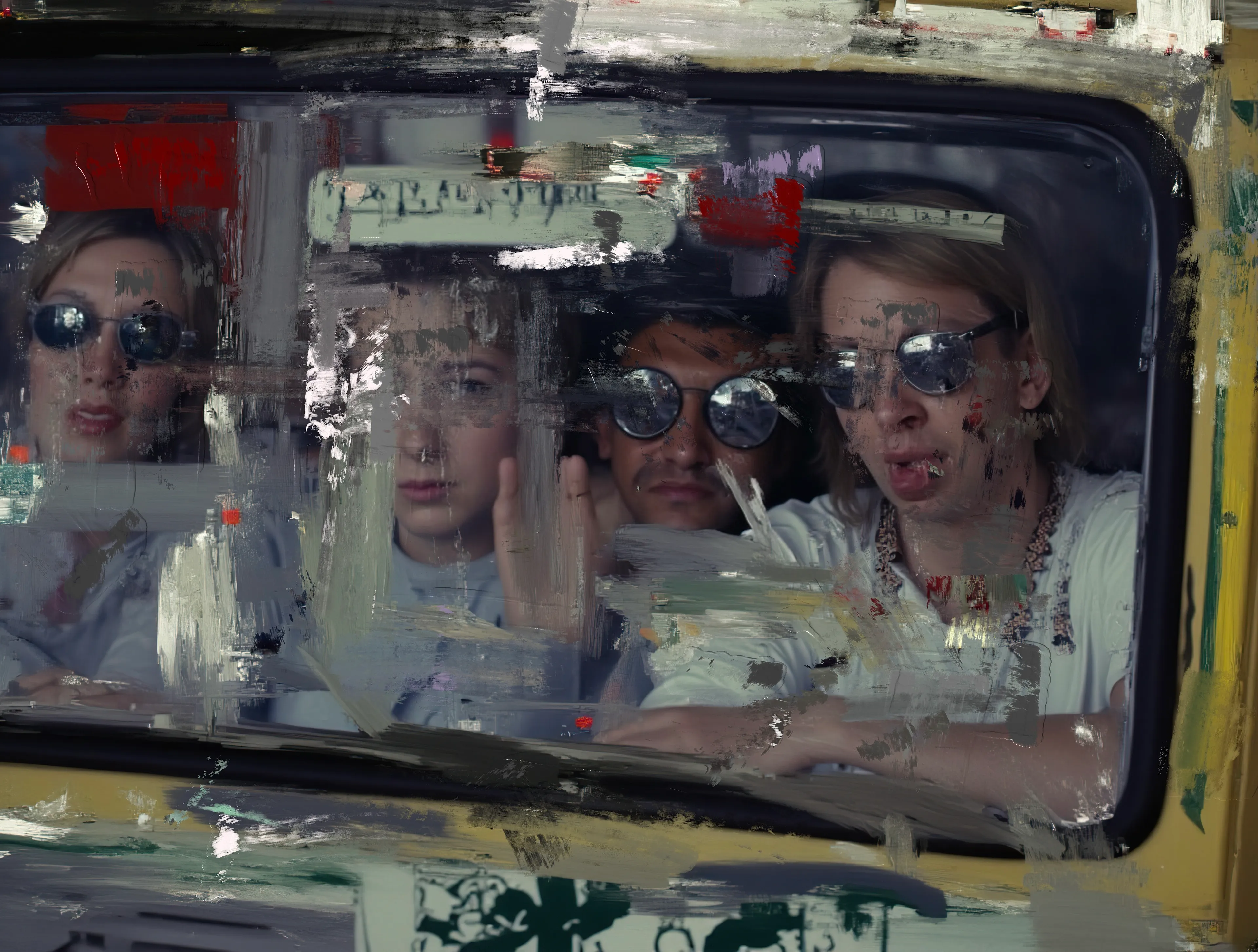 They press against the glass like ghosts in waiting,
A blur of eyes and half-smoked expressions,
Reflections of a road trip no one planned
And no one wants to end.

The one in the middle raises a hand,
Palm flat against a world they can’t touch,
A silent plea—or maybe a warning.
Beside them, sunglasses glint like polished lies,
Hiding too much sun and not enough sleep.

The driver, half in focus, grits his teeth,
Chewing on a joke nobody will tell,
While the rearview mirror holds its secrets,
Smudges and streaks carving memories
Onto the cracked face of an endless highway.

Outside, the yellow paint flakes,
Rust blooms in forgotten corners,
And the engine rattles on,
A hymn for wanderers with nowhere left to go.