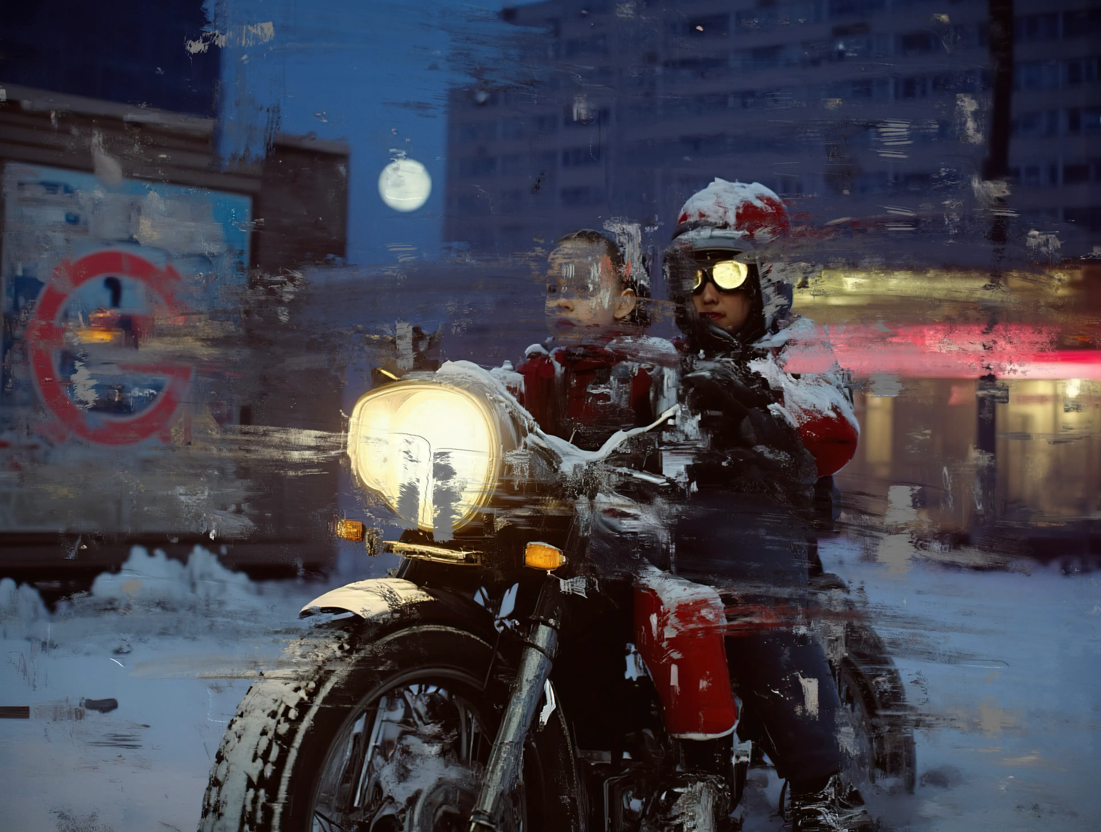 Two kids on chrome,
Headlights cut the ice.
The streets are empty,
Cities asleep,
But something still breathes under the snow.

Goggles gleam with borrowed fire,
A silent rebellion,
Gripping steel,
Chasing a truth
Only the midnight moon could see.