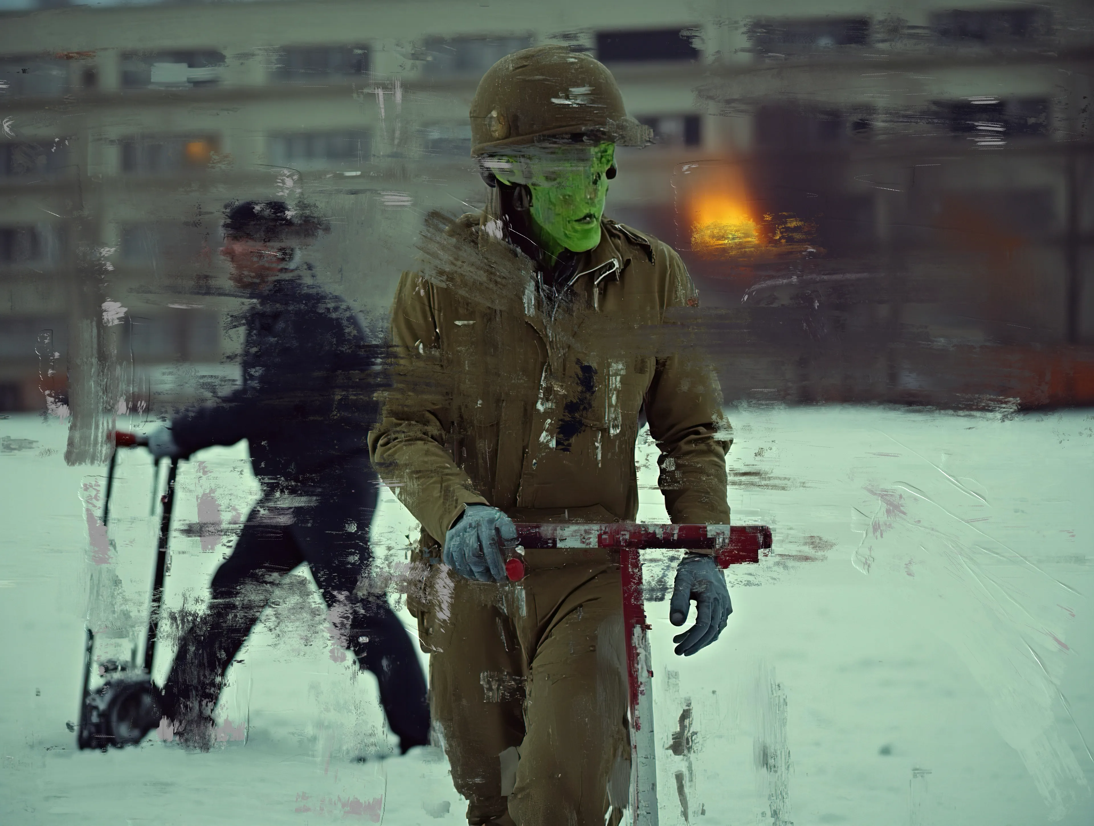 The green man moves slow, deliberate—
A soldier of nowhere with nowhere to go.
The ice cracks underfoot like a whispered warning,
The kind you ignore when it’s already too late.

Backlit by orange, the factory coughs its smoke—
A dying dragon on the edge of the map.
Behind him, a shadow pushes steel and silence,
Indifferent as time, colder than the snow.

Gloves stained with work he won’t finish,
Eyes hollowed out by a sky that won’t blink.
Whatever war they’re fighting here,
It’s over.

And they lost.