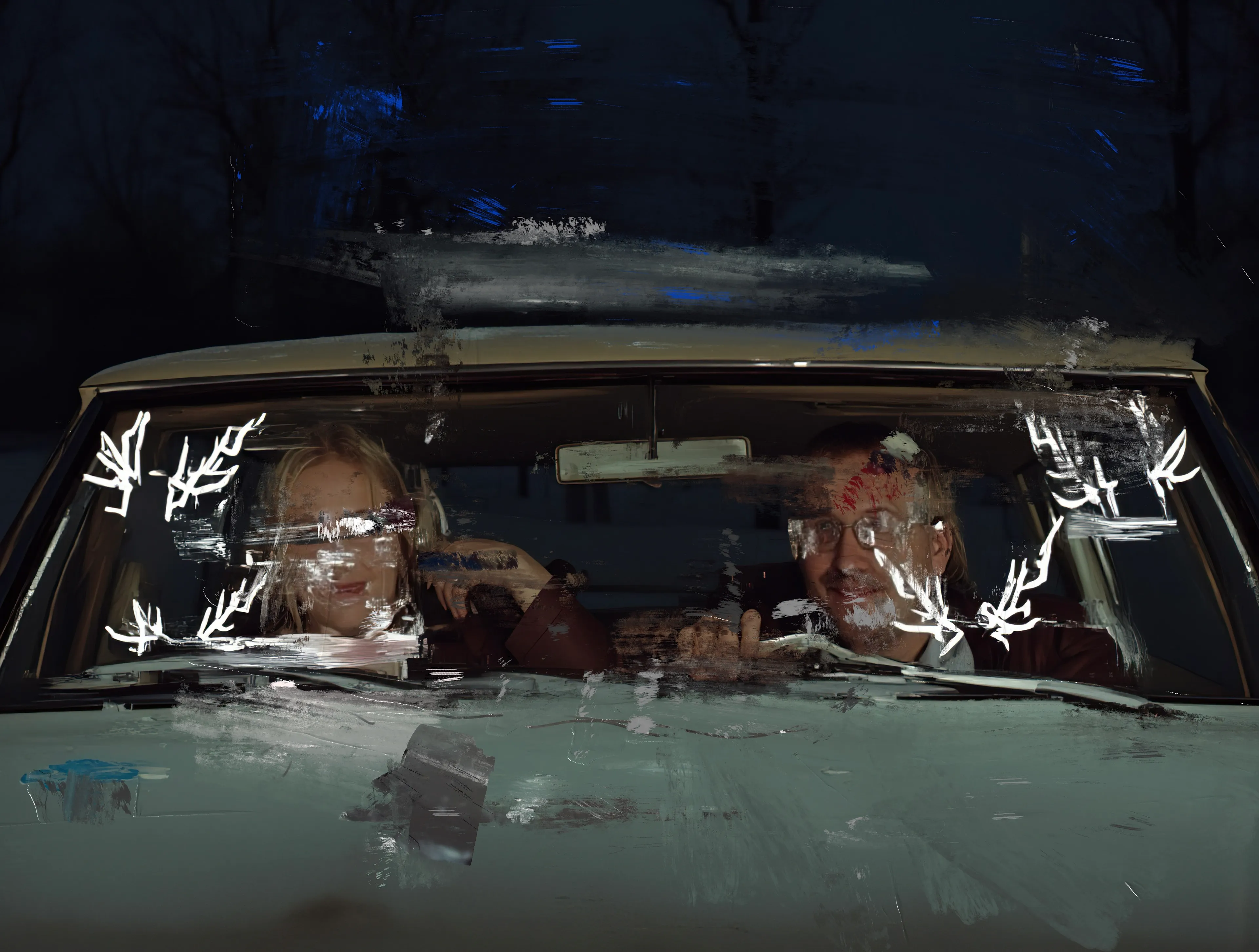 White feathers etched in neon,
A frozen omen smeared across the windshield.
The passenger smiles,
Half there, half elsewhere,
A ghost waiting for the punchline.

The driver grips the wheel like a preacher’s last prayer,
Eyes ahead, but he’s seen it already—
The road collapsing into darkness,
Laughter splitting the silence like a crowbar.

No redemption.
No mercy.
Just the engine’s low hum,
And doves that will never fly again.