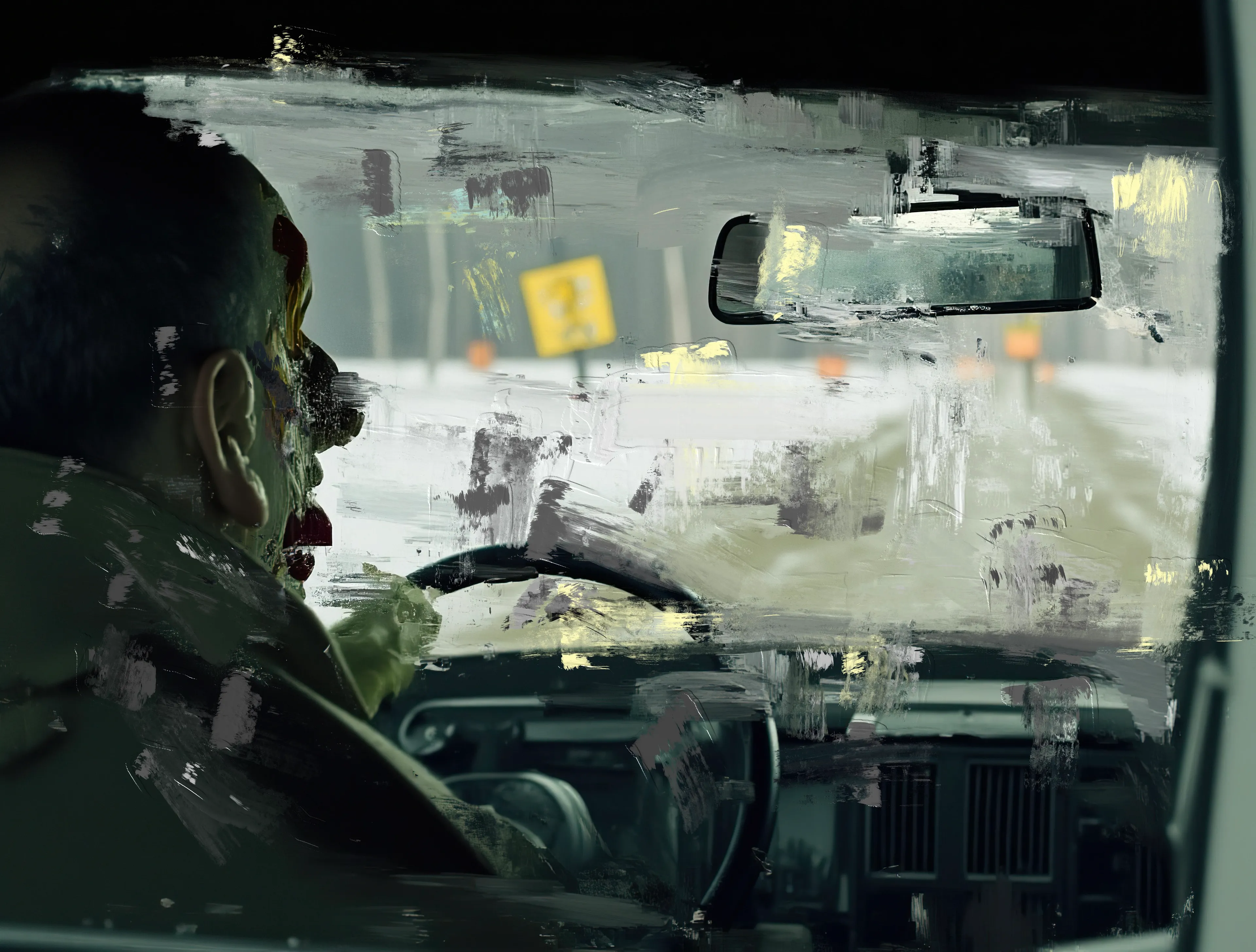 The clown grips the wheel,
Knuckles white, smile red,
A grimace carved in borrowed flesh.

Yellow signs blur past,
Warnings he no longer reads—
He laughs into the void,
Unheard, unseen, unstoppable.

The road stretches thin,
Vanishing into pale horizons,
As his reflection grins back,
A joke no one gets anymore.

Outside, the world forgets itself,
But the clown drives on—
The engine purring like regret,
The mask permanent,
The ride endless.