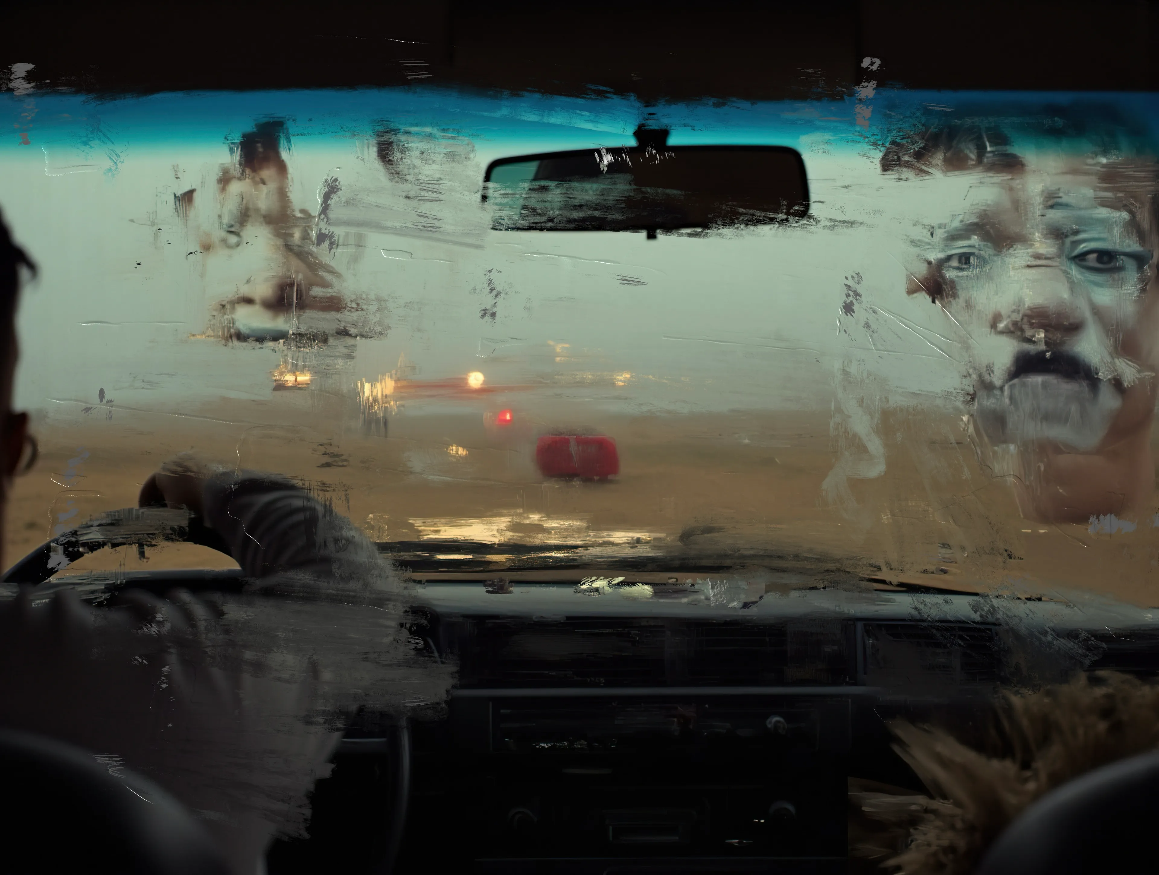 The glass tells stories it shouldn’t—
A face that wasn’t there,
A voice that didn’t belong.
Windshield smeared,
Reality threadbare,
Caught somewhere between arrival and escape.

The driver grips the wheel,
Eyes forward, knuckles white—
But the mirror whispers back,
A truth in fogged reflection:
You’ve picked up something you can’t put down.

In the rearview, red lights bleed
Into the sandstorm ahead,
And the passenger waits,
Still.
Watching.