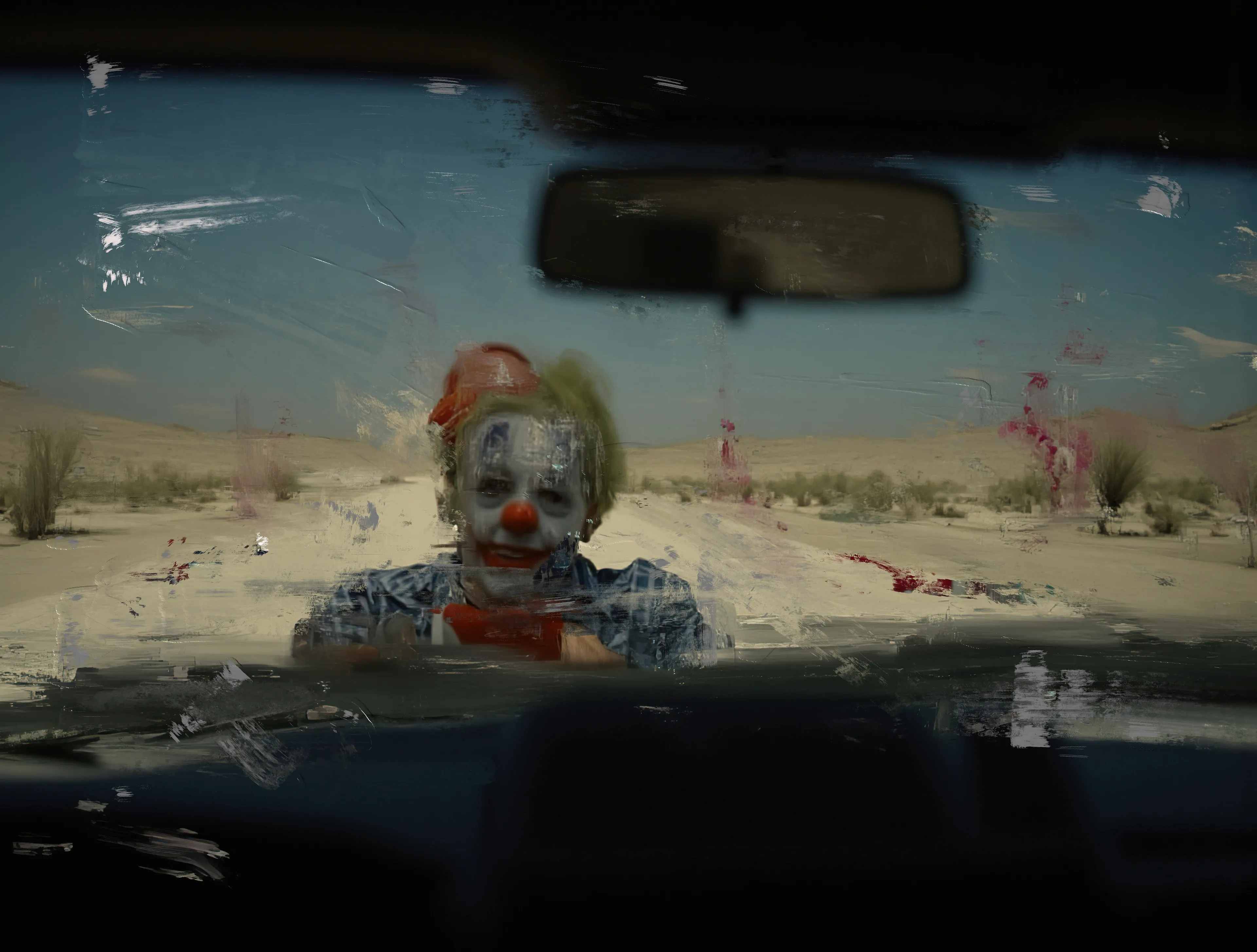 Out there, where the asphalt bleeds into dust,
he appears—
a figure bent against the heat,
face cracked wide in smeared joy.

Red nose, streaked cheeks,
a mouth too red to trust.
It’s not a smile—
it’s a warning.

You tell yourself he’s just a man
playing dress-up,
but something in the stillness snaps.
The air doesn’t move.
His shadow doesn’t fall.

Your foot wavers on the pedal.
Do you stop? Do you run?
But he’s already there,
hands gripping the edge of reason,
eyes like smudged mirrors
reflecting nothing you want to see.

The road stretches behind him,
miles of silence,
and yet he’s here,
walking straight from nowhere,
a joke too bitter to tell.

You don’t laugh.
You don’t look away.
And as the engine groans,
you know one thing for certain—
he’s going wherever you’re going.