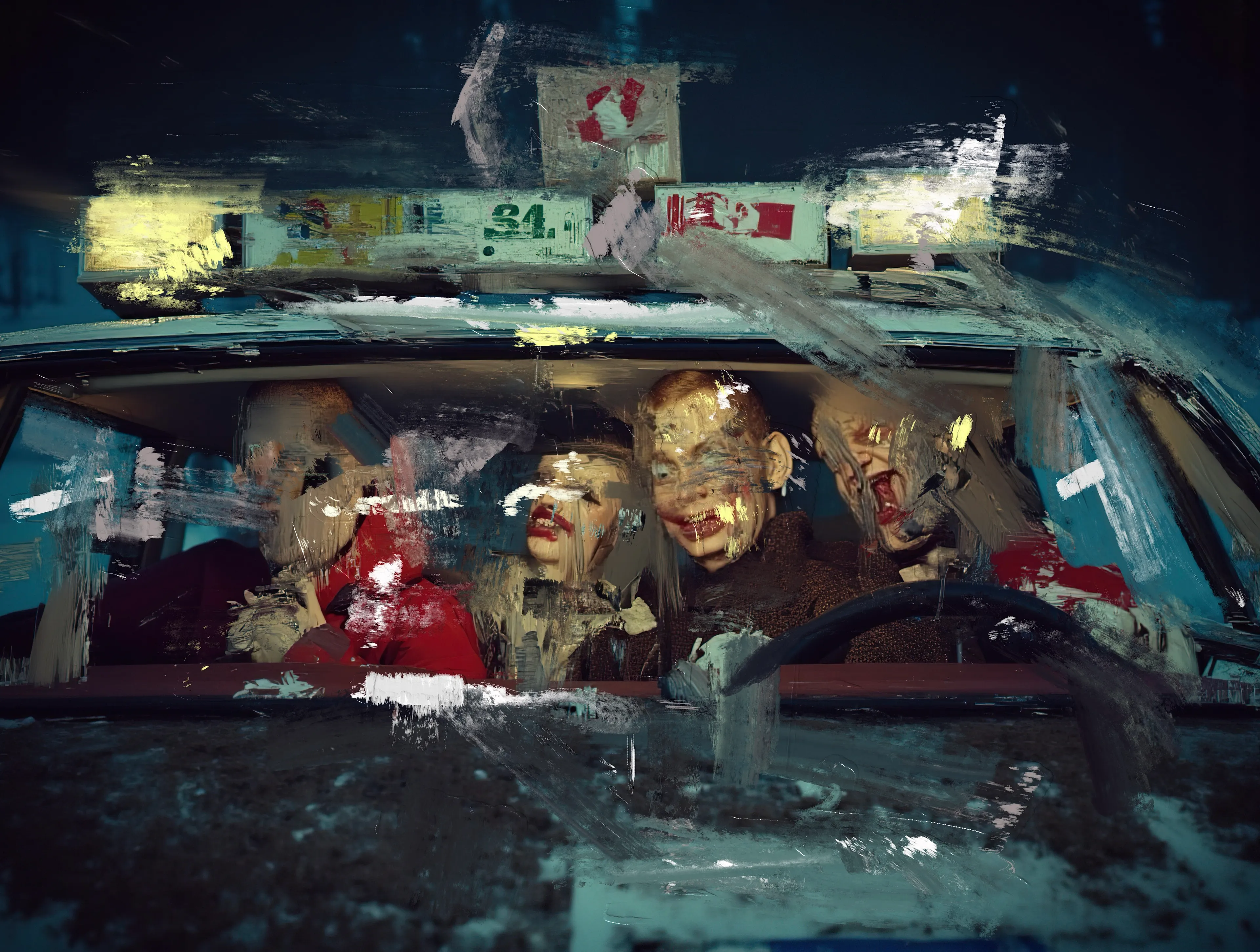 A taxi full of chaos, half-laughter, half-scream,
Teeth bared like the moon bit down too hard.
They’re going nowhere,
And they know it—
The meter’s running,
The night won’t stop.

Paint smeared on faces,
Eyes shining like streetlights through fog.
Madness is contagious
When the fare’s already paid.

Somewhere, someone’s still waiting for them to arrive,
But they won’t.
Not tonight.
Not ever.