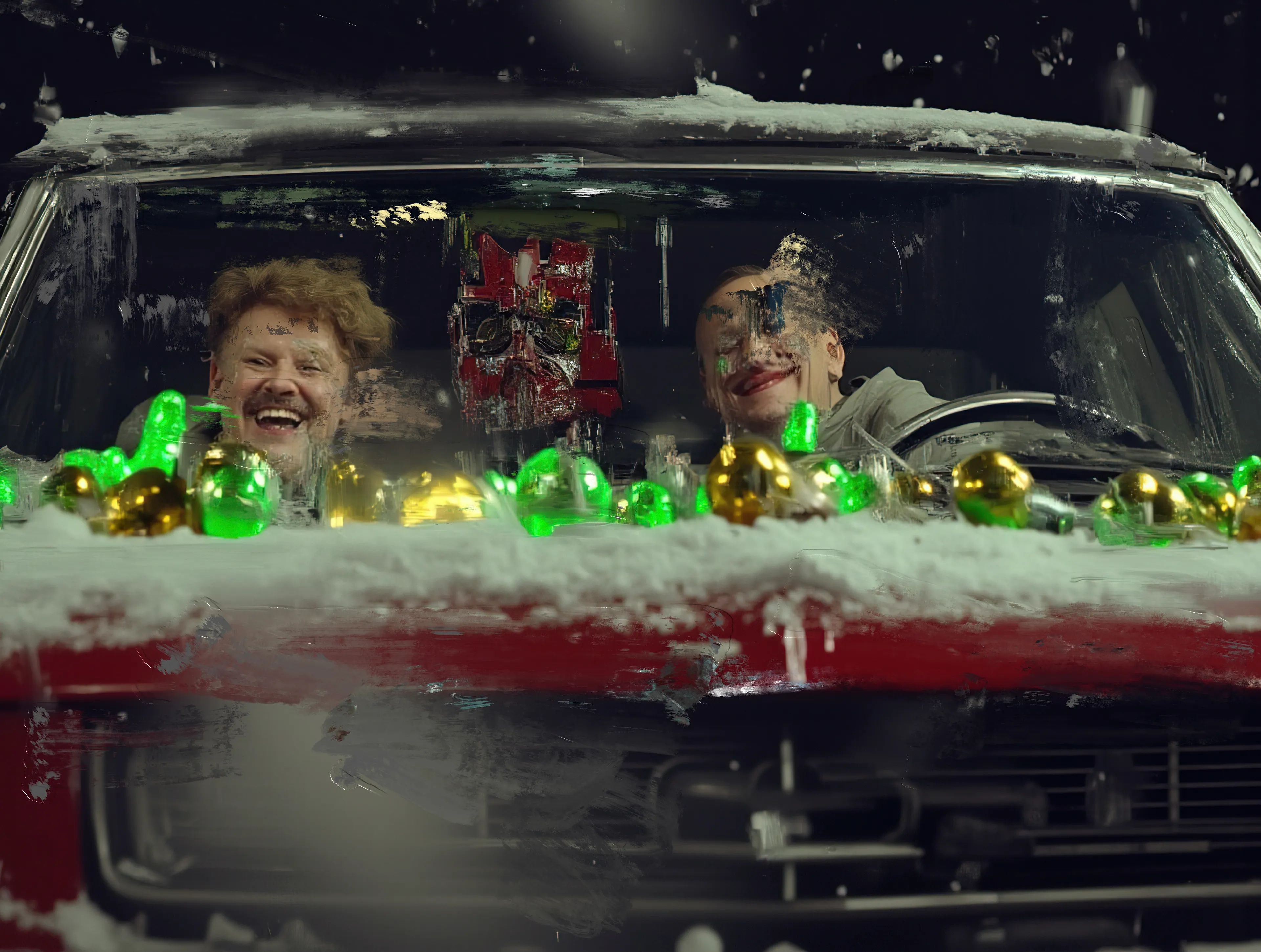 The lights laugh louder than the men,
Neon wounds scattered across frost-bitten steel,
Glinting like promises no one keeps.

Cracks in the glass hold shadows of mirth,
Grins stretched too thin to mean joy,
But enough to forget—at least for tonight.

Golden baubles tremble,
A fragile chorus of color in the cold,
While laughter drifts to the windshield’s edge,
Melting into silence.

For now, they drive,
Their road paved with glassy shards,
Lit only by what refuses to burn out.