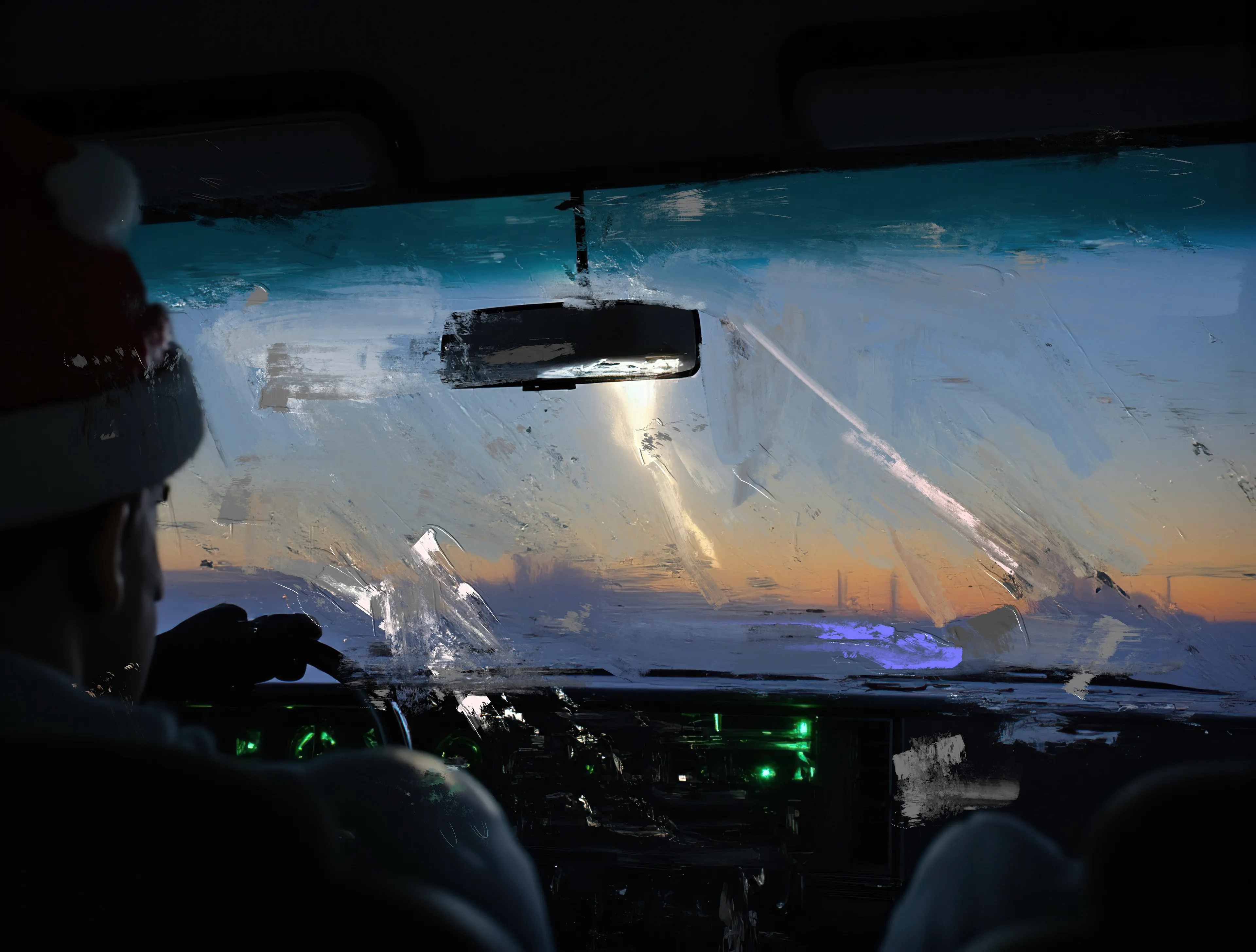 The horizon burns like a matchstick dipped in gasoline,
A slow sunset smeared across cracked glass.
The man at the wheel—half saint, half sinner—
Keeps his eyes forward, hands clenched in prayer or defiance.

A Santa hat slips low over his brow,
Its cheer swallowed by the weight of the road,
Where tire tracks carve lines into the dust
Like signatures on a pact no one ever read.

The dashboard hums in toxic greens,
A glow that promises everything and nothing,
While the air outside hangs still,
Suffocating and holy in its quiet.

Out here, time doesn’t move—it decays,
And the windshield is streaked with a story
That nobody will remember but everyone lived.
The car rolls on into the void,
Chasing the bruised edge of twilight,
Where even the sky looks like it’s trying to escape.