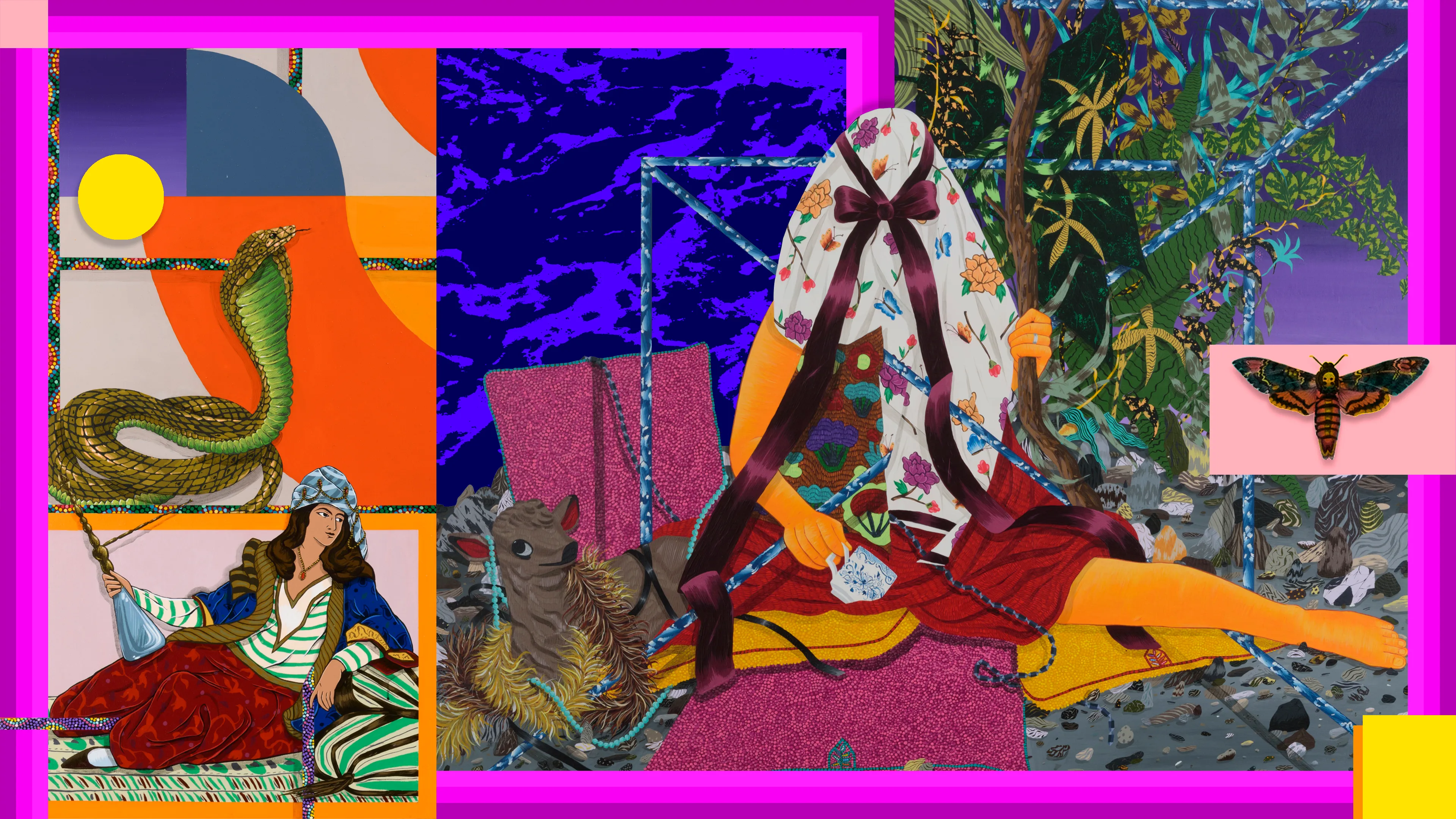 For the past two years, I have created intricate and autobiographical paintings by mining the archives of various universities, libraries, museums, and public collections. The resulting paintings act as a living document of my experiences. In a new phase of my work, I turn to my own archive of paintings to produce works that exist solely in the digital realm. They function as an archeological survey, with new works cannibalizing the old. The paintings appropriate children’s book illustrations, advertising, art history and popular culture; focusing on themes of immigration, assimilation, climate change, xenophobia and social justice. The lines between traditional painting and digital production are blurred beyond recognition. The images are flattened, layered, and stacked, calling attention to the psychological space of borders, identities, and histories. The paintings utilize my personal history as an entry point to discuss race, representation, and the memories of cultures and countries left behind. 4k media file available.