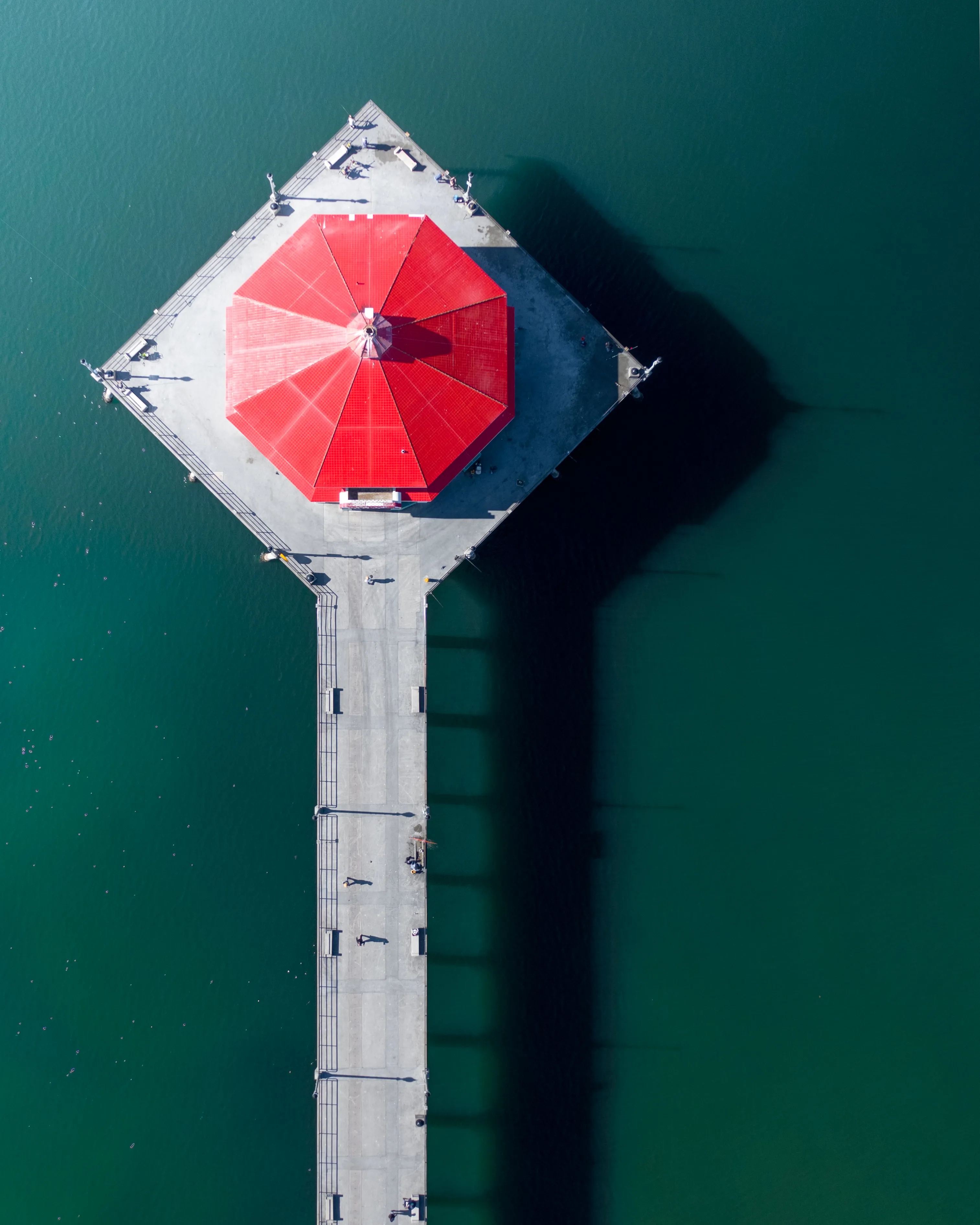 The Iconic Huntington Beach Pier as seen from above looks just like a red button...we know we should't push!