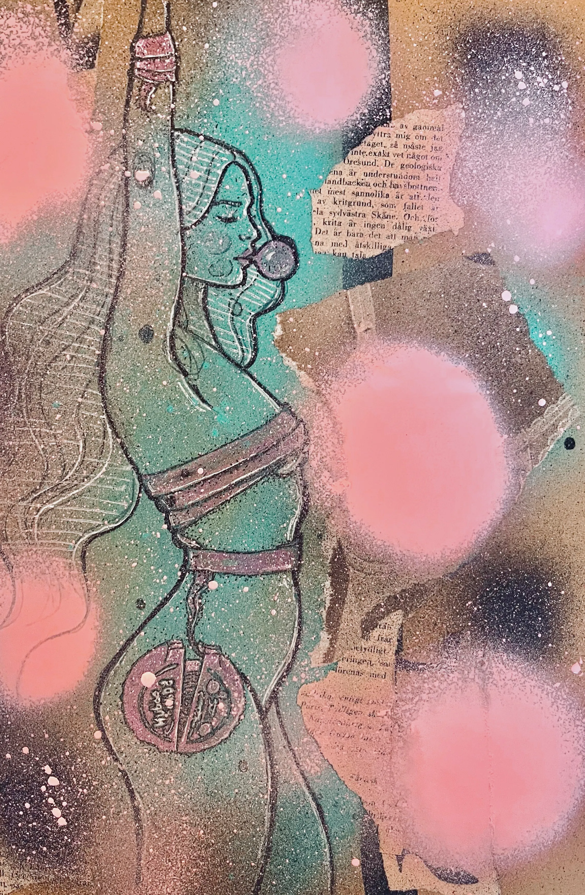 Bubble gum pink spray paint, ink, pencil, card stock and gelpens

Size: A4/ 2261x3456