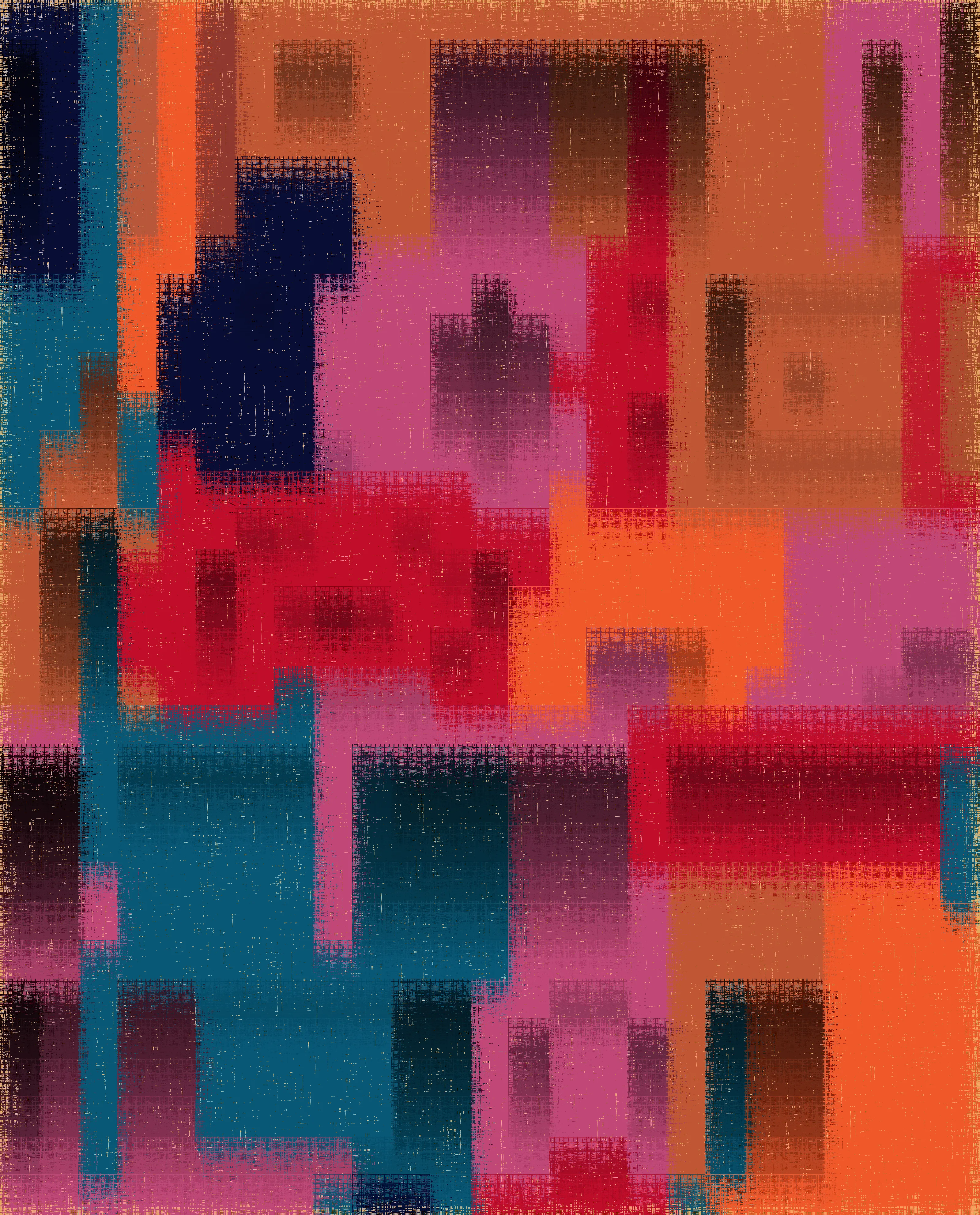 Based on the algorithm of my work "wall geometry" -this is an algorithm for constructing a wall from various geometric shapes (for example: an ellipse, a triangle and others). 

 In this artwork (codename WGV2.i1), I transformed all the shapes into rectangles and squares, and the last step i created the effect of a shabby canvas. What kind of geometric shapes do you see?

// WGV2.i1 is Wall Geometry Version 2 iteration 1.