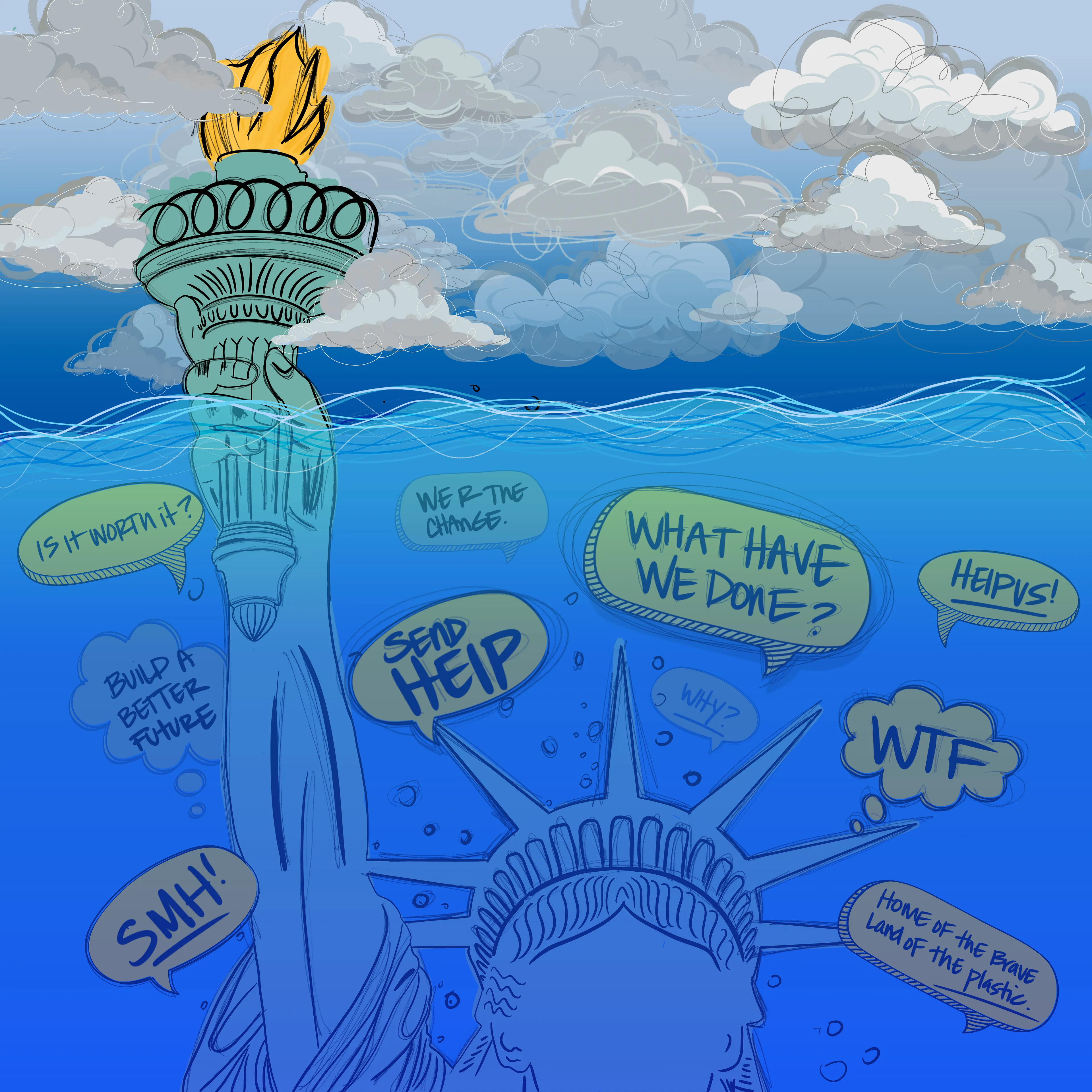 Our oceans play a key role in our lives, without it we would be suffocating in our carbon dioxide.  The ocean is responsible for 70% of our oxygen, far more than the rainforest which is only 28%. 

Through the use of art and common imagery this piece is created to evoke thoughts on our current path as a civilization; are we leading ourselves to the point of no return?