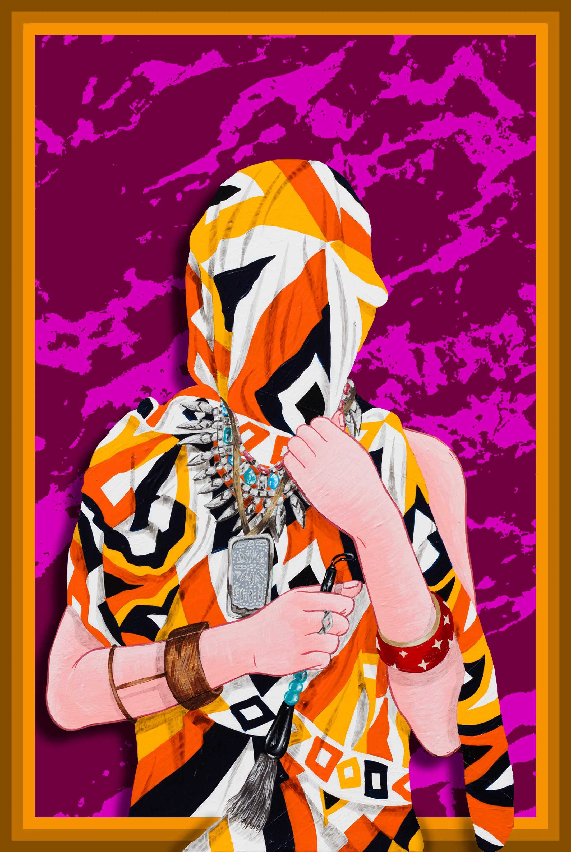 Amir H. Fallah creates paintings, sculptures, and installations that utilize personal history as an entry point to discuss race, representation, the body, and the memories of cultures and countries left behind. Through this process, the artist’s works employ nuanced and emotive narratives that evoke an inquiry about identity, the immigrant experience, and the history of portraiture. 

Fallah interrogates systems of representation embedded in the history of Western art. His ornate environments combine visual vocabularies of painting and collage with elements of installation to deconstruct material modes of identity formation. Portraits of veiled subjects capitalize on ambiguity to skillfully weave fact and fiction, while questioning how to create a portrait without representing the physicality of the sitter. While the stories that surround his subjects are deeply personal and are told through the intimate possessions they hold most dear, his work addresses generational immigrant experiences of movement, trauma, and celebration. Fallah wryly incorporates Western art historical references into paintings formally rooted in the pattern-based visual language of Islamic Art. In doing so, his paintings possess a hybridity that reflects his own background as an Iranian-American immigrant straddling cultures. 

4k file available to the collector of this work.