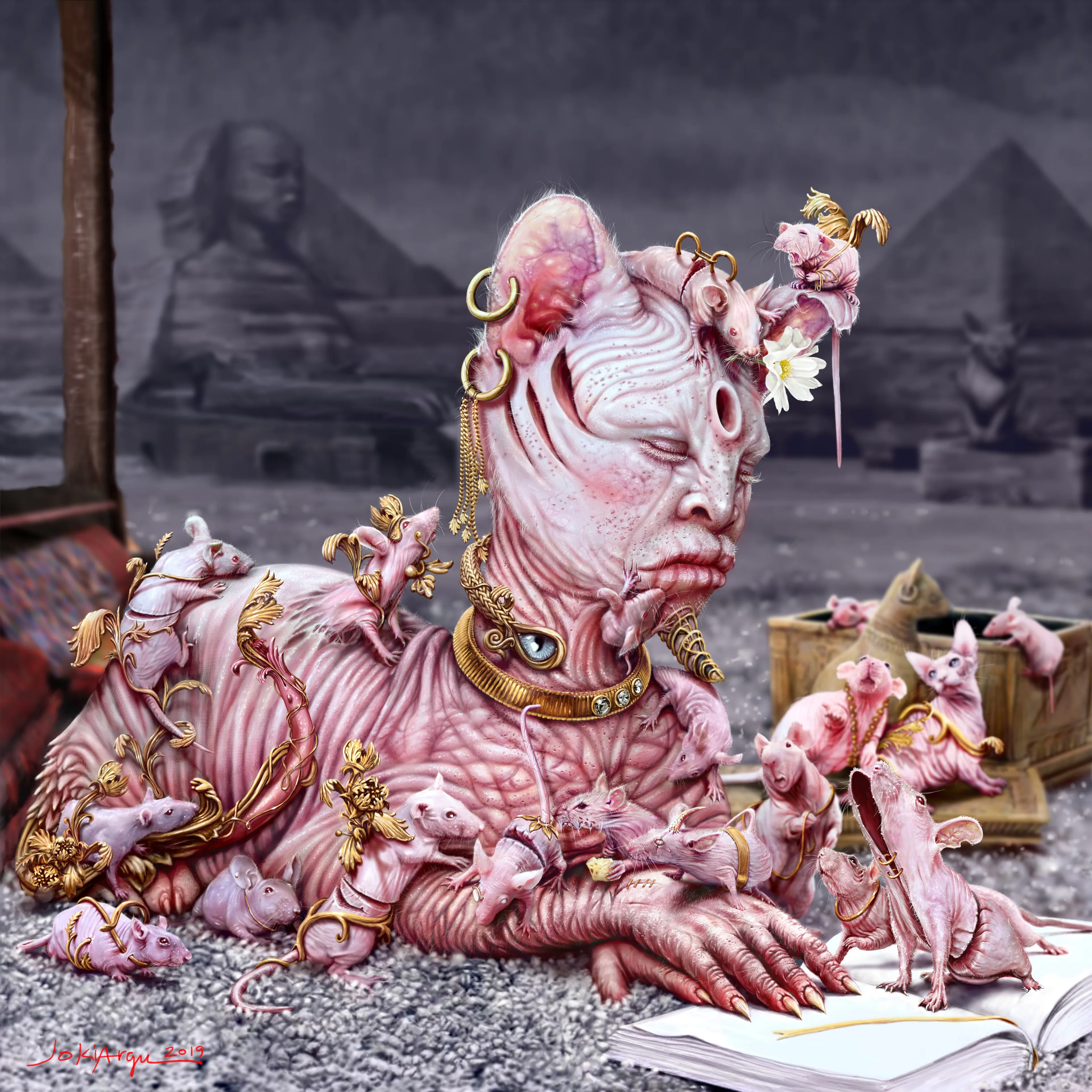 as night falls
we bid our beddy bye’s
in our eyes the sandman’s dusts crawls
slumber murmurs and sighs
came the sphinx with a tale to tell
many a hairless mouse in for play
not to listen what befell
but haunt till comes the day
 ‘tis a sick story
after bedtime
dream scapes gory,
snooze chime!