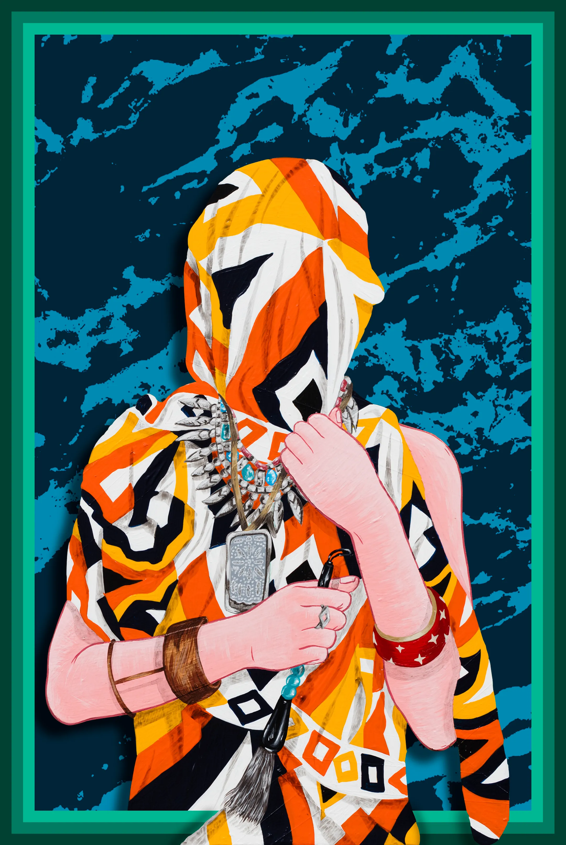 Amir H. Fallah creates paintings, sculptures, and installations that utilize personal history as an entry point to discuss race, representation, the body, and the memories of cultures and countries left behind. Through this process, the artist’s works employ nuanced and emotive narratives that evoke an inquiry about identity, the immigrant experience, and the history of portraiture. 

Fallah interrogates systems of representation embedded in the history of Western art. His ornate environments combine visual vocabularies of painting and collage with elements of installation to deconstruct material modes of identity formation. Portraits of veiled subjects capitalize on ambiguity to skillfully weave fact and fiction, while questioning how to create a portrait without representing the physicality of the sitter. While the stories that surround his subjects are deeply personal and are told through the intimate possessions they hold most dear, his work addresses generational immigrant experiences of movement, trauma, and celebration. Fallah wryly incorporates Western art historical references into paintings formally rooted in the pattern-based visual language of Islamic Art. In doing so, his paintings possess a hybridity that reflects his own background as an Iranian-American immigrant straddling cultures. 

4k file available to the collector of this work.