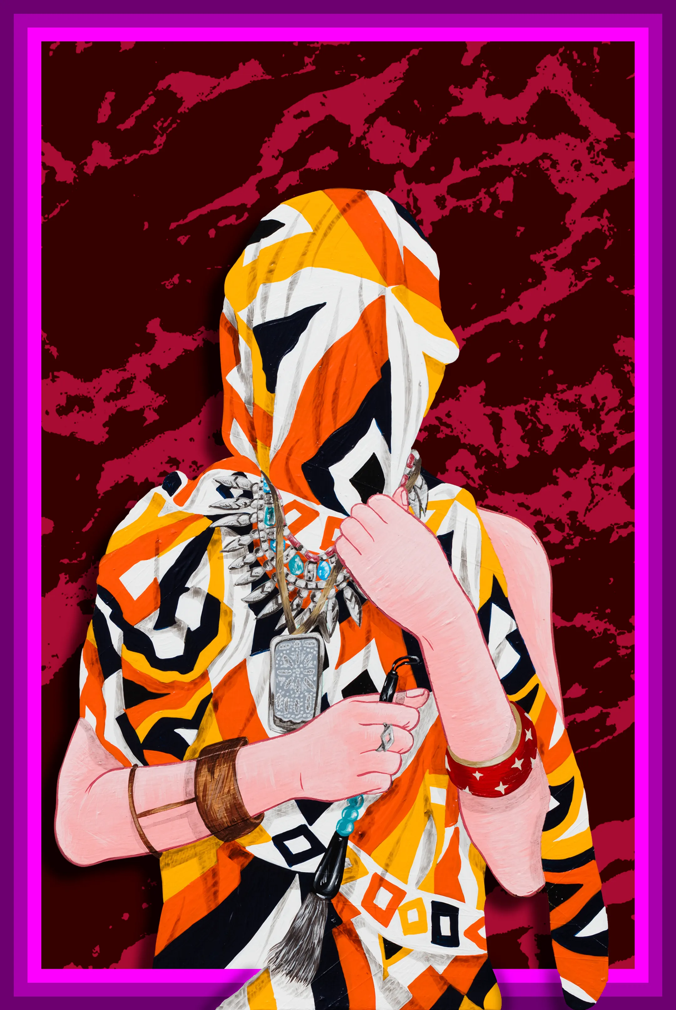 Amir H. Fallah creates paintings, sculptures, and installations that utilize personal history as an entry point to discuss race, representation, the body, and the memories of cultures and countries left behind. Through this process, the artist’s works employ nuanced and emotive narratives that evoke an inquiry about identity, the immigrant experience, and the history of portraiture. 

Fallah interrogates systems of representation embedded in the history of Western art. His ornate environments combine visual vocabularies of painting and collage with elements of installation to deconstruct material modes of identity formation. Portraits of veiled subjects capitalize on ambiguity to skillfully weave fact and fiction, while questioning how to create a portrait without representing the physicality of the sitter. While the stories that surround his subjects are deeply personal and are told through the intimate possessions they hold most dear, his work addresses generational immigrant experiences of movement, trauma, and celebration. Fallah wryly incorporates Western art historical references into paintings formally rooted in the pattern-based visual language of Islamic Art. In doing so, his paintings possess a hybridity that reflects his own background as an Iranian-American immigrant straddling cultures. 

4k file available to the collector of this work.