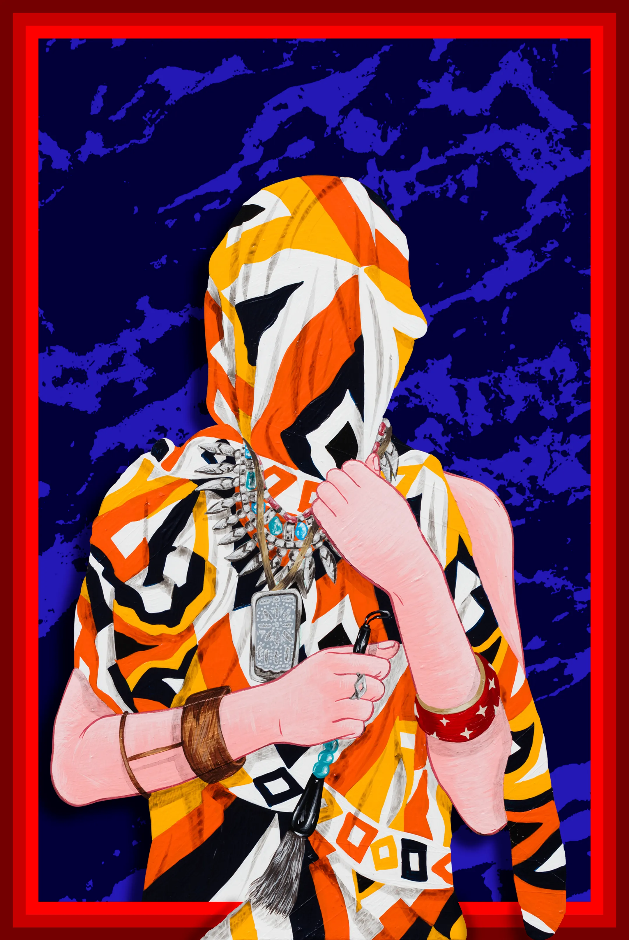 Amir H. Fallah creates paintings, sculptures, and installations that utilize personal history as an entry point to discuss race, representation, the body, and the memories of cultures and countries left behind. Through this process, the artist’s works employ nuanced and emotive narratives that evoke an inquiry about identity, the immigrant experience, and the history of portraiture. 

Fallah interrogates systems of representation embedded in the history of Western art. His ornate environments combine visual vocabularies of painting and collage with elements of installation to deconstruct material modes of identity formation. Portraits of veiled subjects capitalize on ambiguity to skillfully weave fact and fiction, while questioning how to create a portrait without representing the physicality of the sitter. While the stories that surround his subjects are deeply personal and are told through the intimate possessions they hold most dear, his work addresses generational immigrant experiences of movement, trauma, and celebration. Fallah wryly incorporates Western art historical references into paintings formally rooted in the pattern-based visual language of Islamic Art. In doing so, his paintings possess a hybridity that reflects his own background as an Iranian-American immigrant straddling cultures.

4k file available to the collector of this work.