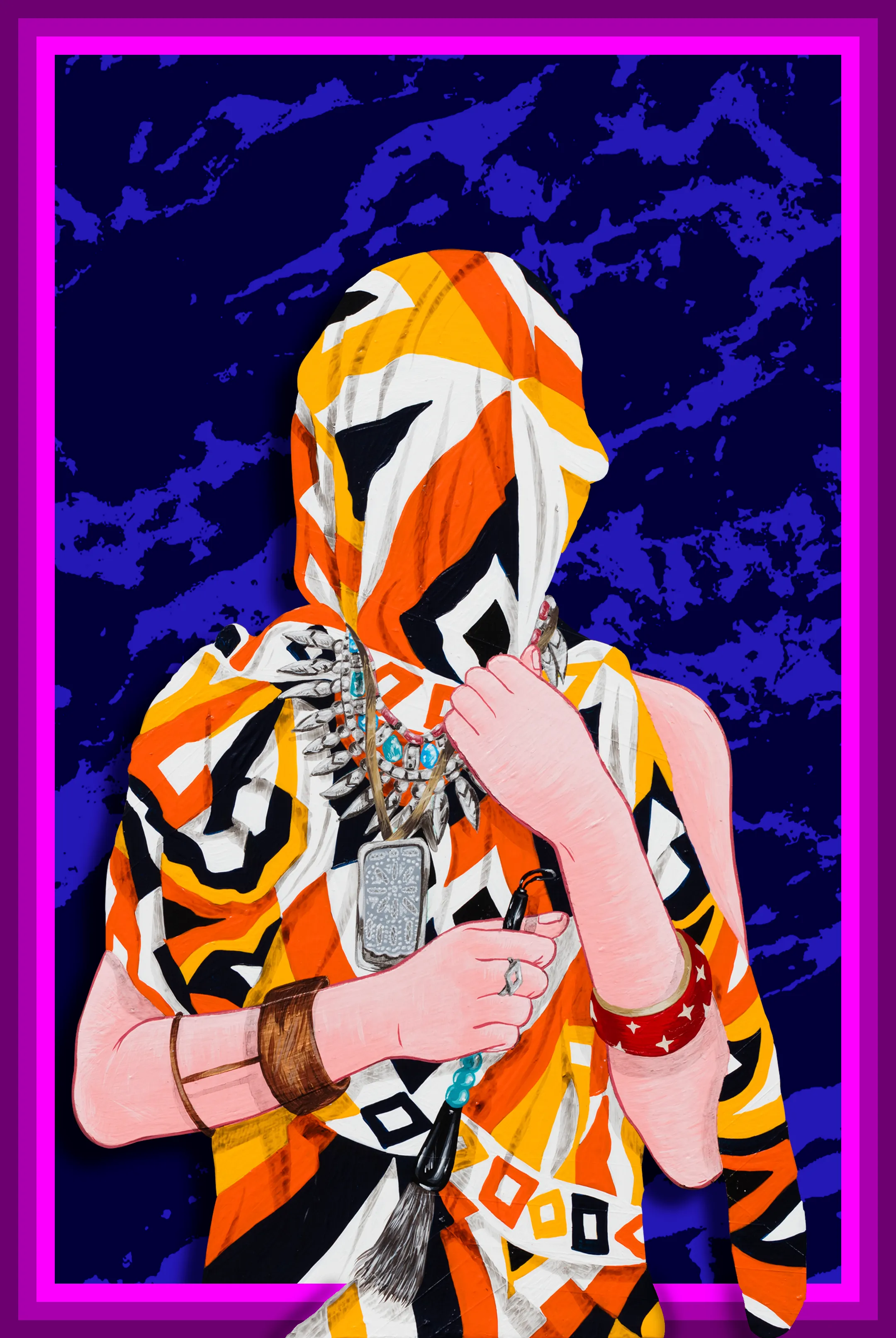 Amir H. Fallah creates paintings, sculptures, and installations that utilize personal history as an entry point to discuss race, representation, the body, and the memories of cultures and countries left behind. Through this process, the artist’s works employ nuanced and emotive narratives that evoke an inquiry about identity, the immigrant experience, and the history of portraiture. 

Fallah interrogates systems of representation embedded in the history of Western art. His ornate environments combine visual vocabularies of painting and collage with elements of installation to deconstruct material modes of identity formation. Portraits of veiled subjects capitalize on ambiguity to skillfully weave fact and fiction, while questioning how to create a portrait without representing the physicality of the sitter. While the stories that surround his subjects are deeply personal and are told through the intimate possessions they hold most dear, his work addresses generational immigrant experiences of movement, trauma, and celebration. Fallah wryly incorporates Western art historical references into paintings formally rooted in the pattern-based visual language of Islamic Art. In doing so, his paintings possess a hybridity that reflects his own background as an Iranian-American immigrant straddling cultures. 

4k file available to the collector of this work.