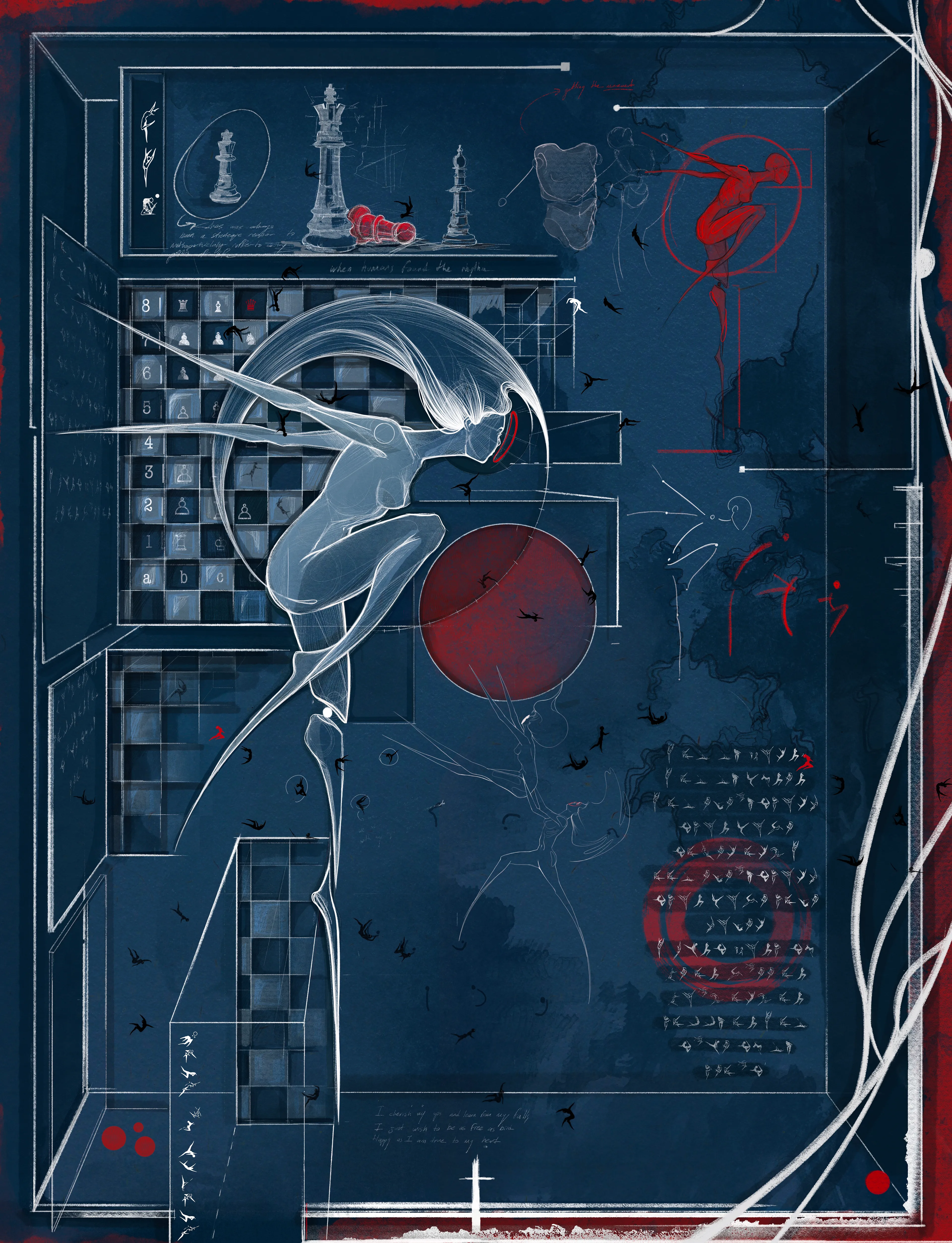 Blue Print Series; I, explores constant birth and rebirth within the sacred space of the female womb. Drawing inspiration and conceptual elements from shadow puppetry, and studies of Lao Tzu, it embodies the dance of Yin and Yang, symbolized by masks representing consciousness. Inspired by cave paintings and underwater dancers, it aims to capture the contemporary study of pre-language communication. "When Humans Found the Rhythm" signifies the birth of ideas, evolving into blueprints embodying collective human values we share. The artwork creates a visual alphabet, reflecting life's eternal poetry on a metaphorical canvas. 

*chess position drawing: final position of the "Immortal Game" between Adolf Anderssen and Lionel Kieseritzky (chess as a metaphor of balance between life and death inspiration from Seventh Seal)