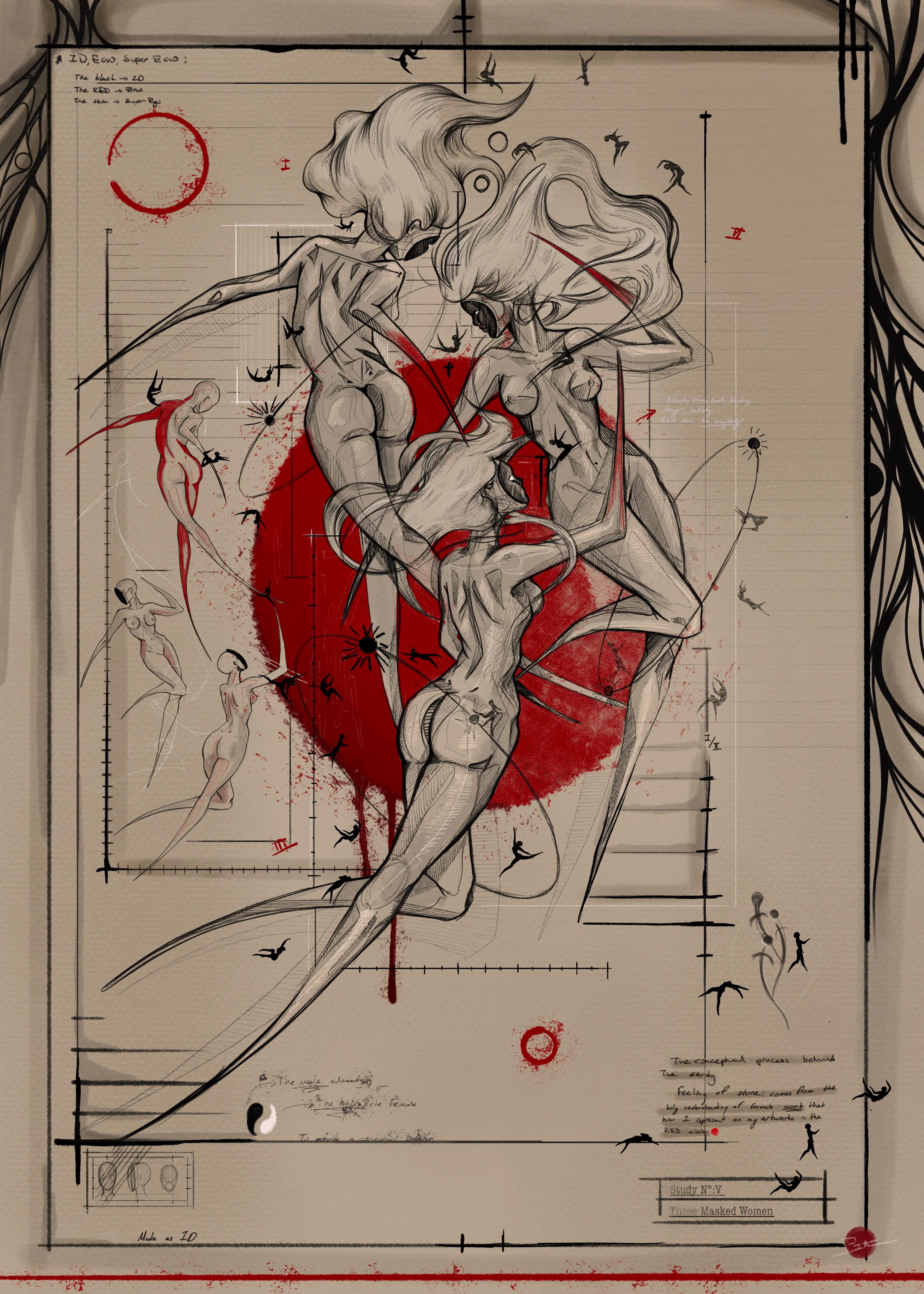 "Study; Three Masked Women" utilizes three figures to represent the Freudian concept of the ID, EGO, and SUPEREGO. Masks suggest a duality of persona, emphasizing the complexity of the human psyche. Red symbolizes lust and sacrifice in the creative process, while circles represent the infinite possibilities of life's renewal. The sketch aesthetic adds to the intrigue, creating an intimate connection with the creative process. The rough, unfinished quality invites viewers to witness the evolution of the work from idea to manifestation, further enhancing their connection to the artwork.