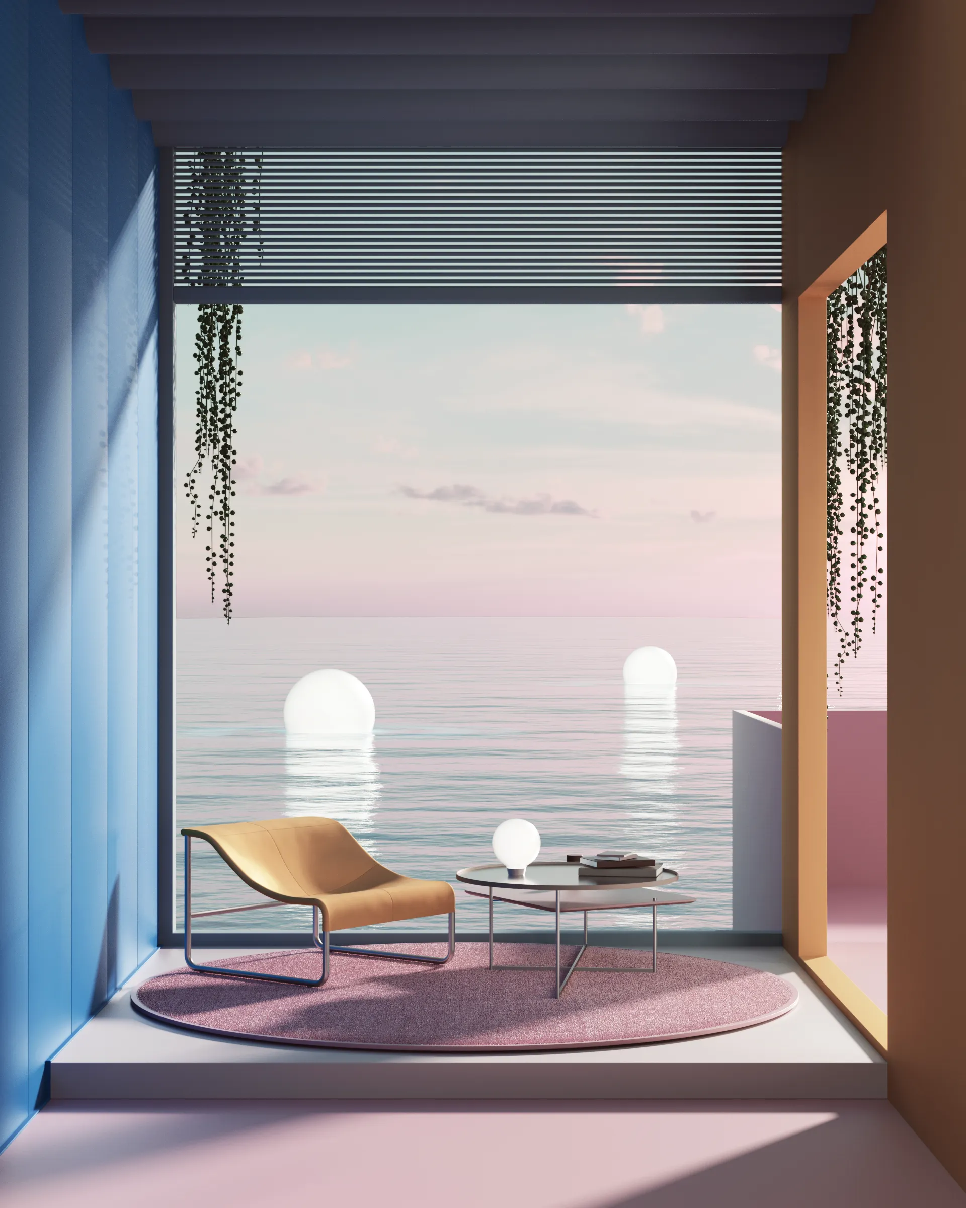 A space to heal your soul with a perfect view for pink sky ang glowing orbs.