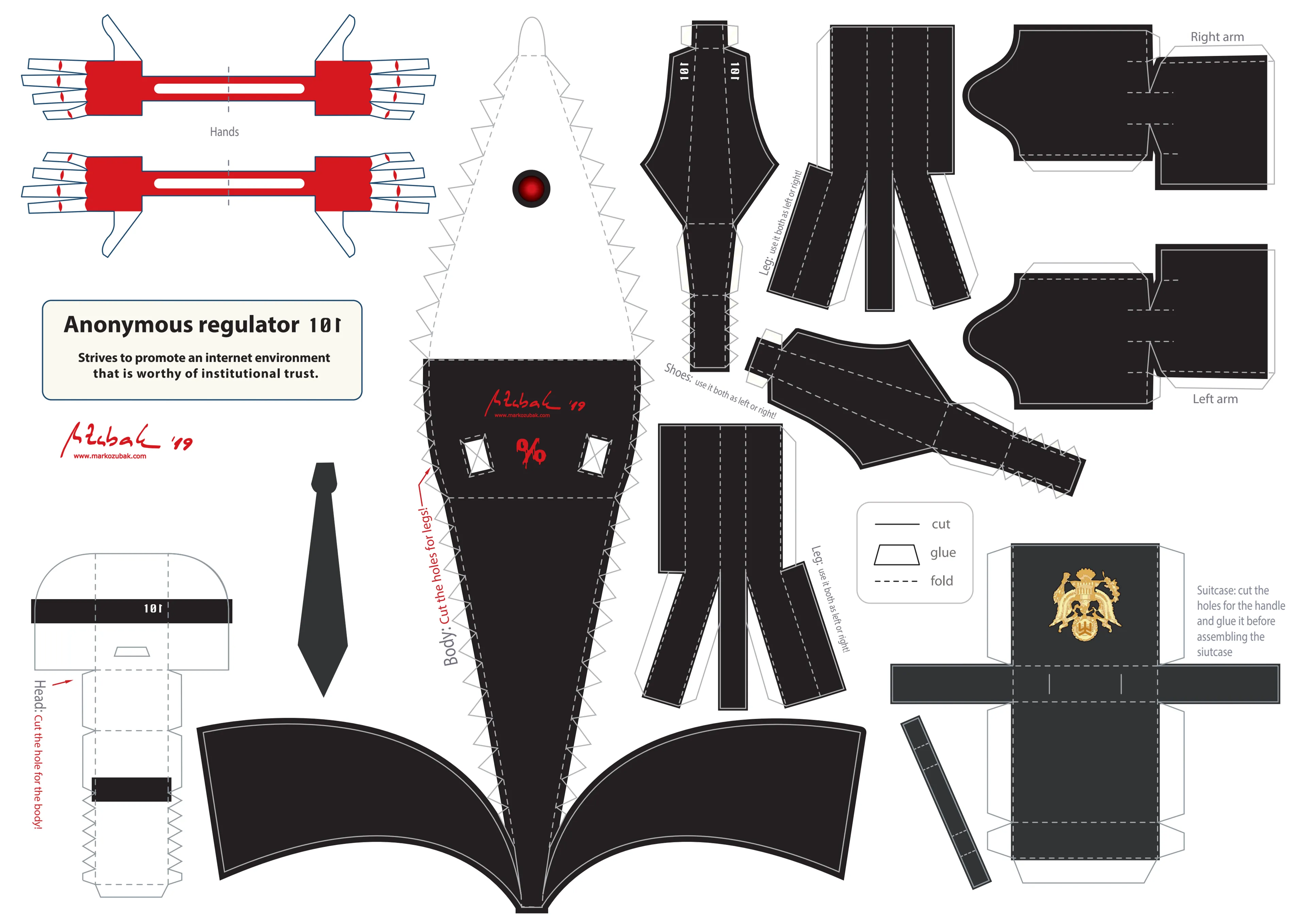 "Anonymous regulators" are second generation of "Anonymous Officials" and the first one on blockchain, available to the public. In attempt to breath some evolution to the class of "Officials", their brains were replaced by neural networks and they devolved to linear categorization  replicants. Their purpose is to to promote an internet environment that is worthy of institutional trust. Each Anonymous regulator 101 is equipped with special camera that feeds and trains a large scale centralized BigGAN.
When you purchase it, you'll get the proof of ownership on the blockchain, with exclusive access to pdf file containing it's visual code, which, in order to materialize, has to be printed, cut out and constructed. Check out www.markozubak.com for FREE paper toys and to better understand my artistic activity!
