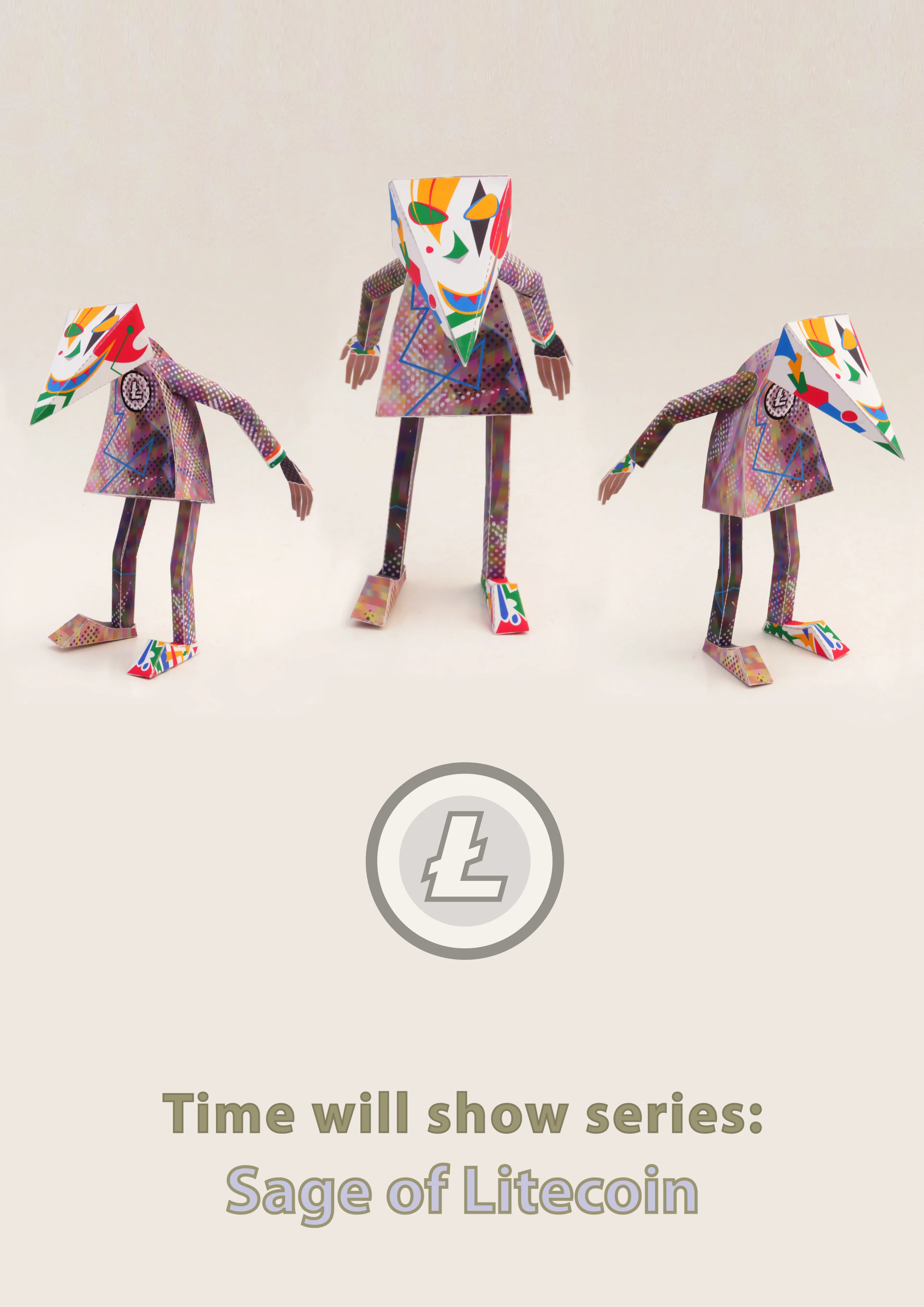"Sage of Litecoin" is third paper toy from the "Time will show" series, inspired by blockchain and cryptocurrencies. This character represents someone with great understanding abilities, someone who has access to multiple levels of existence, which makes him technically immortal. 
 The shape of his head symbolizes the speed of thoughts and he is faster that the  Sage from MMIX, but still there are much faster sages.  When you purchase it, you'll get the proof of ownership on the blockchain, with exclusive access to pdf file containing it's visual code, which, in order to materialize, has to be printed, cut out and constructed. Check out www.markozubak.com for FREE paper toys and to better understand my artistic activity!