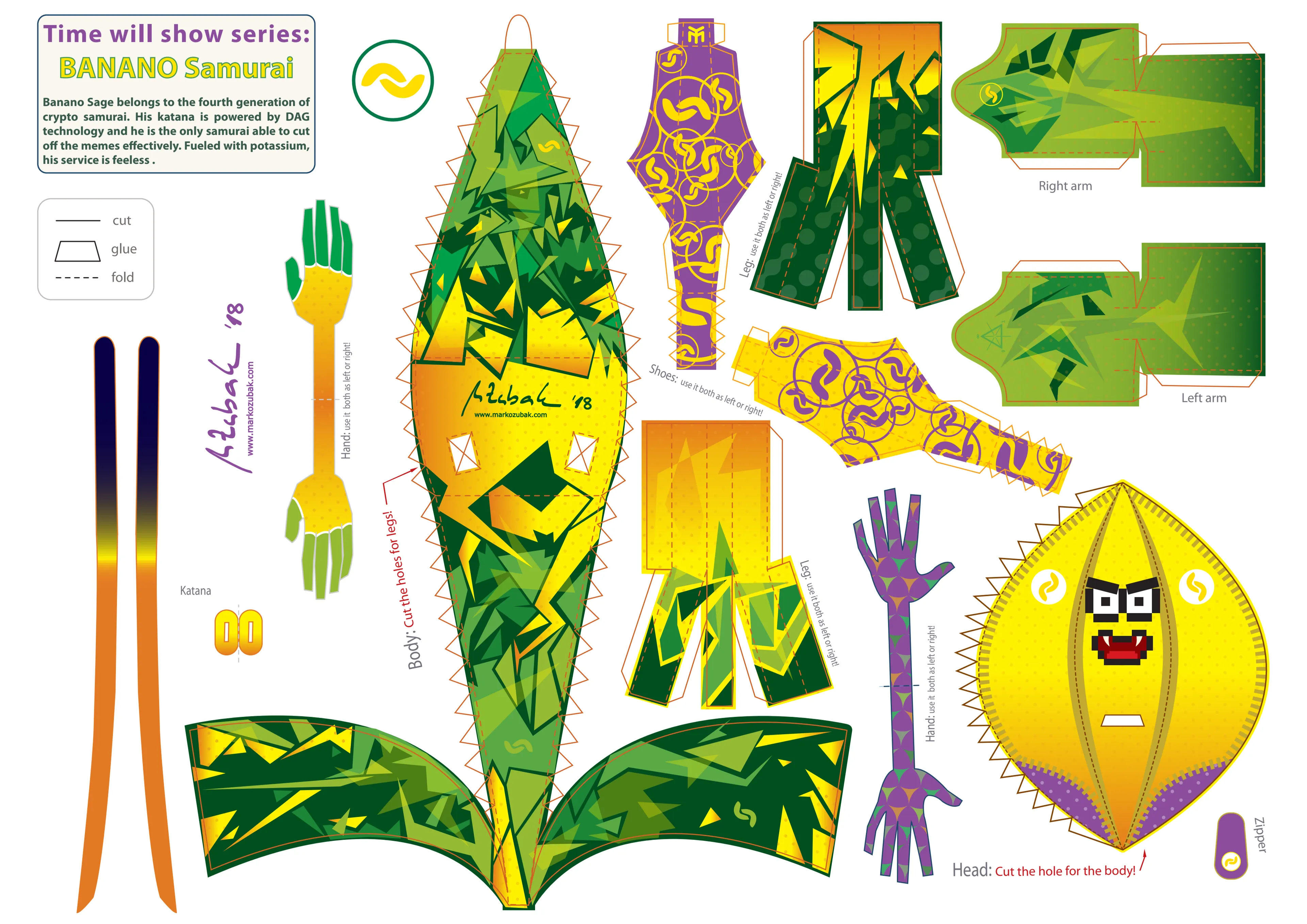"Banano Sage" is fifth paper toy from the "Time will show" series, inspired by blockchain and cryptocurrencies. Banano Sage belongs to the fourth generation of crypto samurai. His katana is powered by DAG technology and he is the only samurai able to cut off the memes effectively. Fueled with potassium, his service is feeless.
 When you purchase it, you'll get the proof of ownership on the blockchain, with exclusive access to pdf file containing it's visual code, which, in order to materialize, has to be printed, cut out and constructed. Check out www.markozubak.com for FREE paper toys and to better understand my artistic activity!