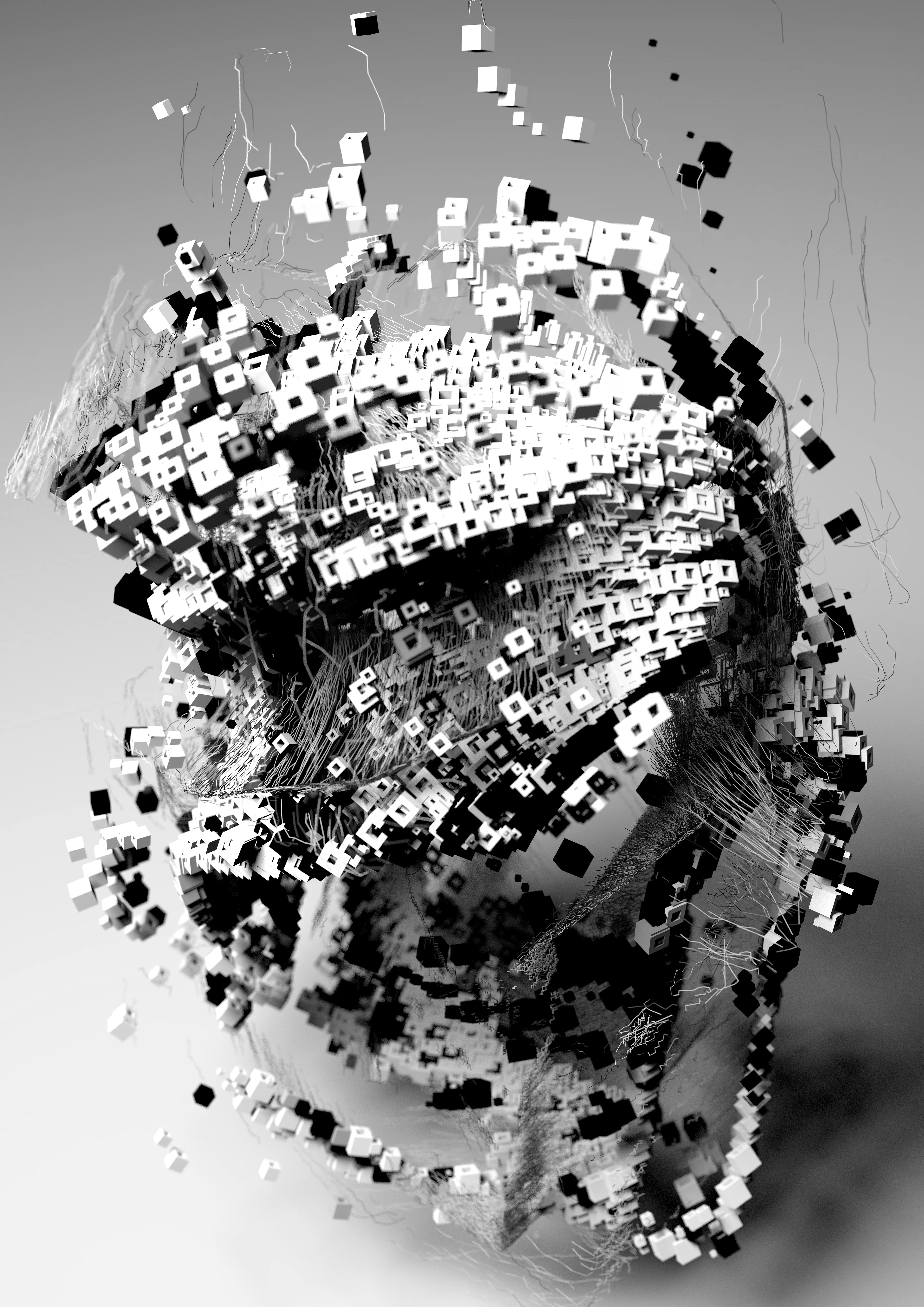 I've always been a fan of a monochromatic colour palette, be that the OP Art work of Bridget Riley, the graphic design of Armin Hofmann or films such as Night of the Hunter or the work of David Lynch. The constraints of this restricted palette often give rise to a simple beauty, formed from the interactions between black and white, light and shadow. This series of works is my ode to this non-colour world, exploring the beauty of simple geometric forms together with code and time in a three dimensional, generative space.