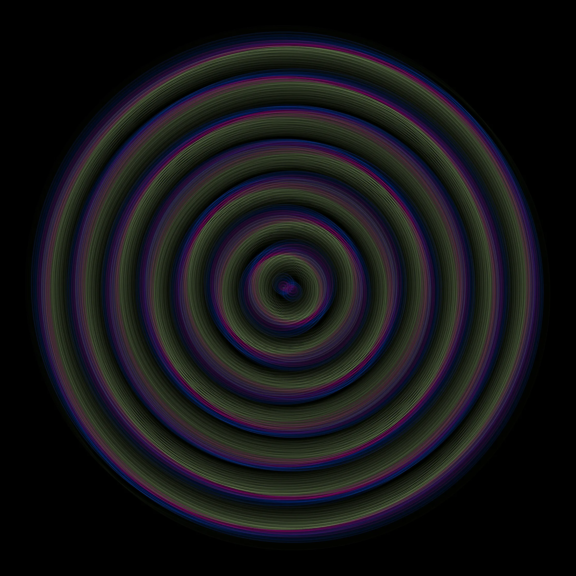 I have been playing with code that is a result of invisible relationships. For this piece, I move two circles around each other and have a third try to move in the middle. I let the third circle move at a snails pace so it never quite makes it, but the pattern it makes is extraordinary. I set the colors to be changed every time a second passes. 

I am listening to singing bowl meditation music as I watch the final image slowly weave itself it to shape.