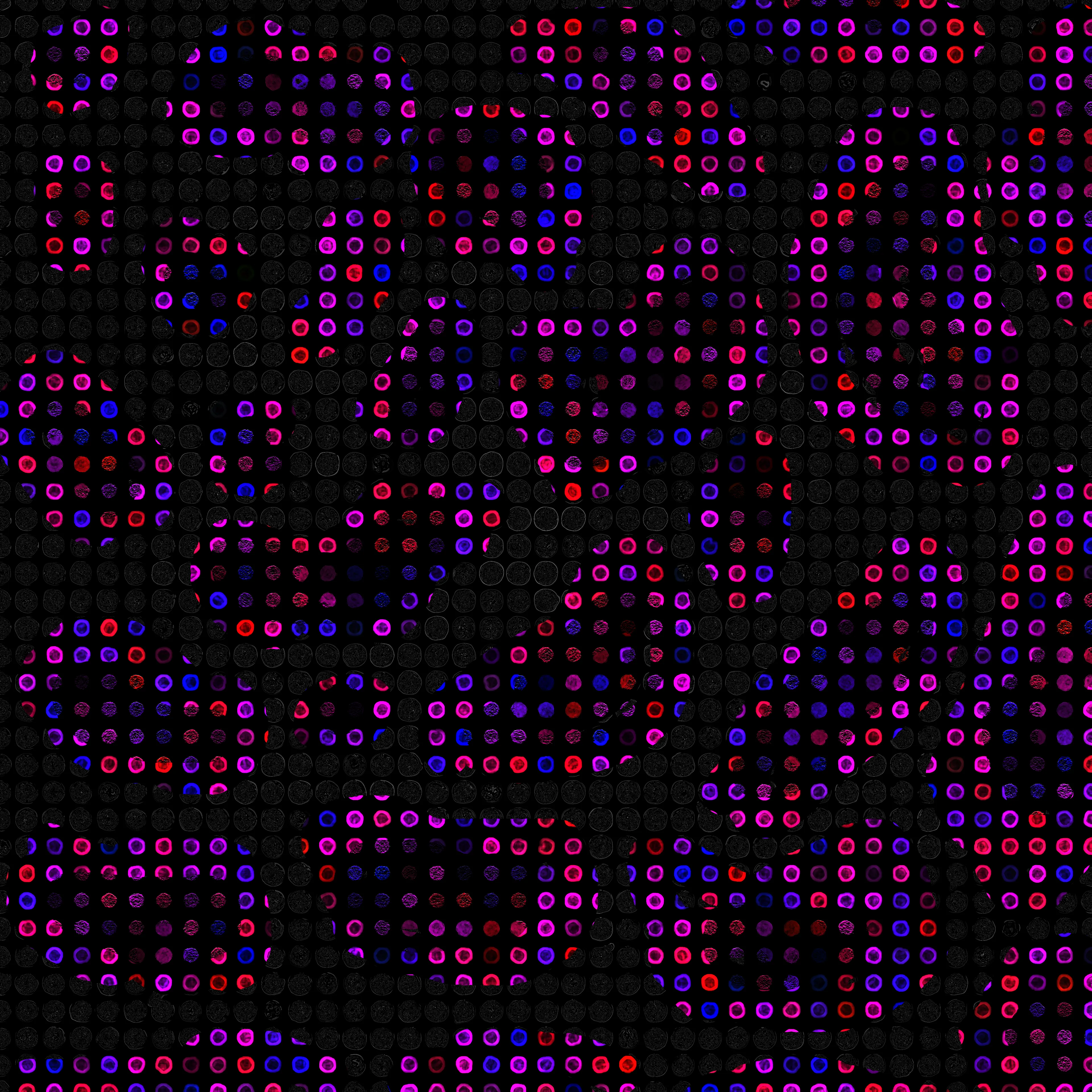 4000px by 4000px

I had made crepes today and I loved how you can layer ingredients together. Sage and cheese... Chocolate and hot pepper jelly. 

This spilled over into my code and I create a tile of random paths that looked like  several balls of yarn. I duplicated this image into Photoshop and created holes and layers of effects so the grid remained in tact, but with layers exposed showing a variety of treatments.