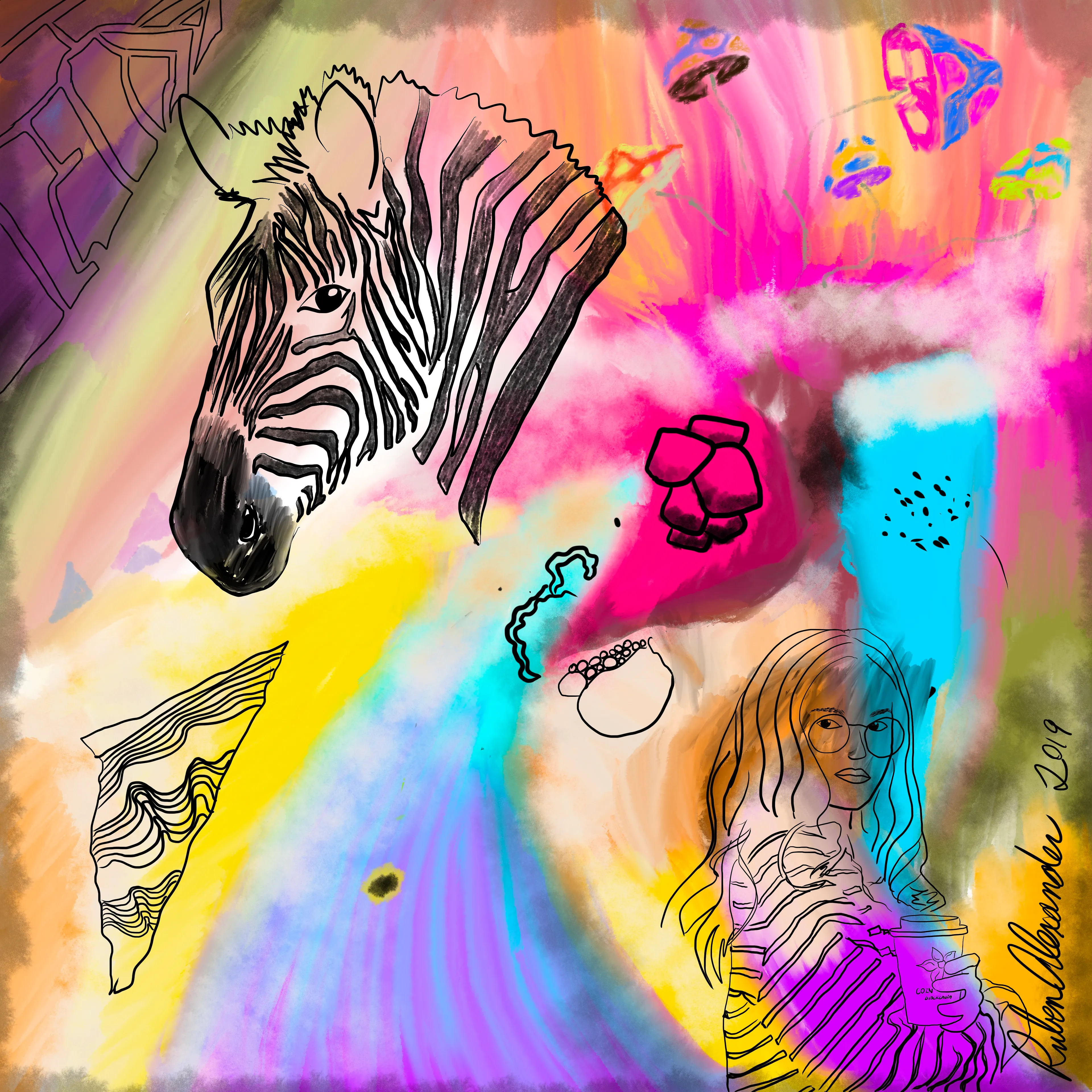 4000 x 4000 px

I had a book from Kandinsky open and when I felt stuck I asked my daughter what I should add. She said, “Add a zebra.” She pointed to a white space that already looked like a horse, but I didn’t notice until she spoke up.