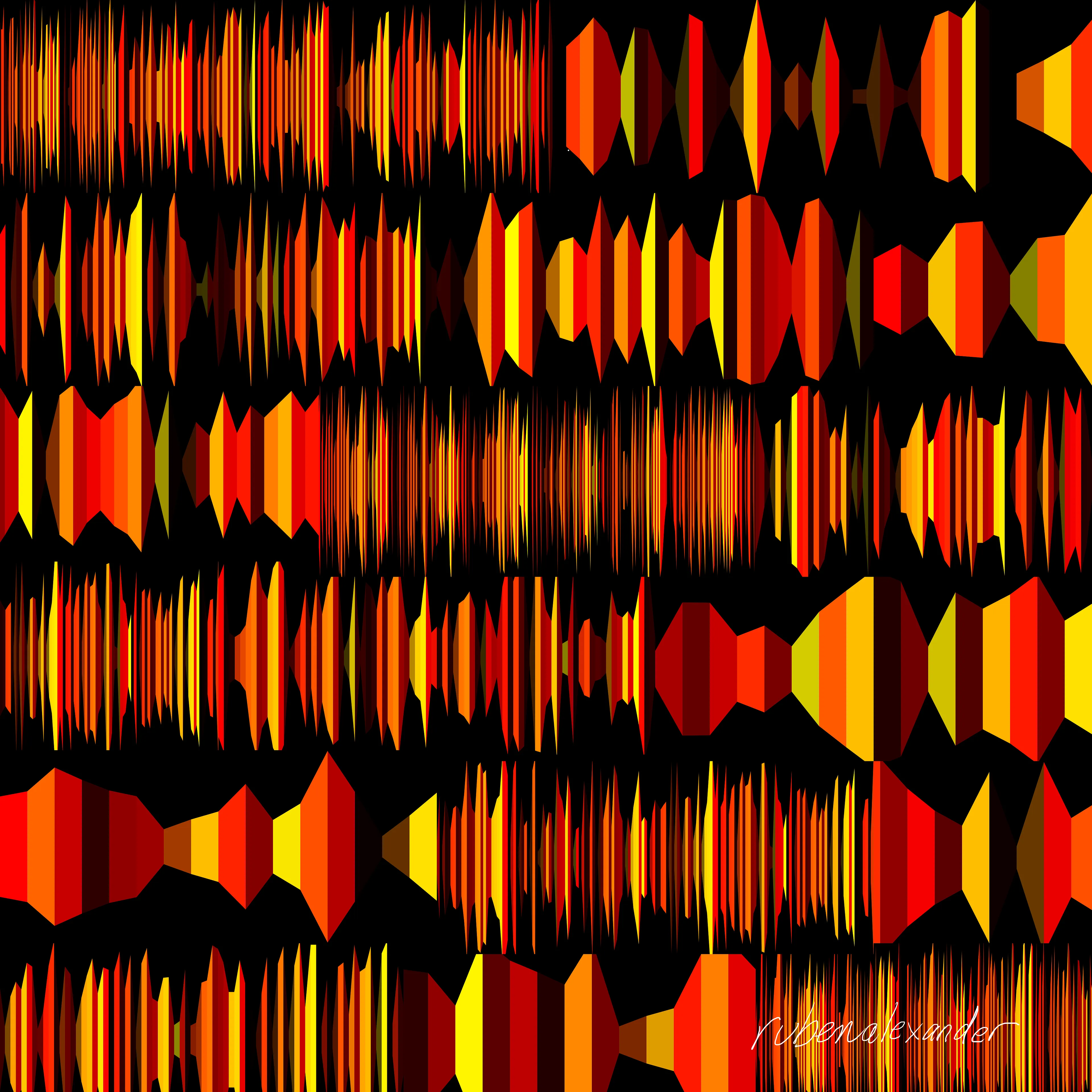 4000 x 4000px

I was sitting in a meeting and the idea of creating four sided shapes that were connected popped into my head. I used processing and modified how wide the strips were for variety. It seems like a piece of code that would lend itself well to audio visualization.