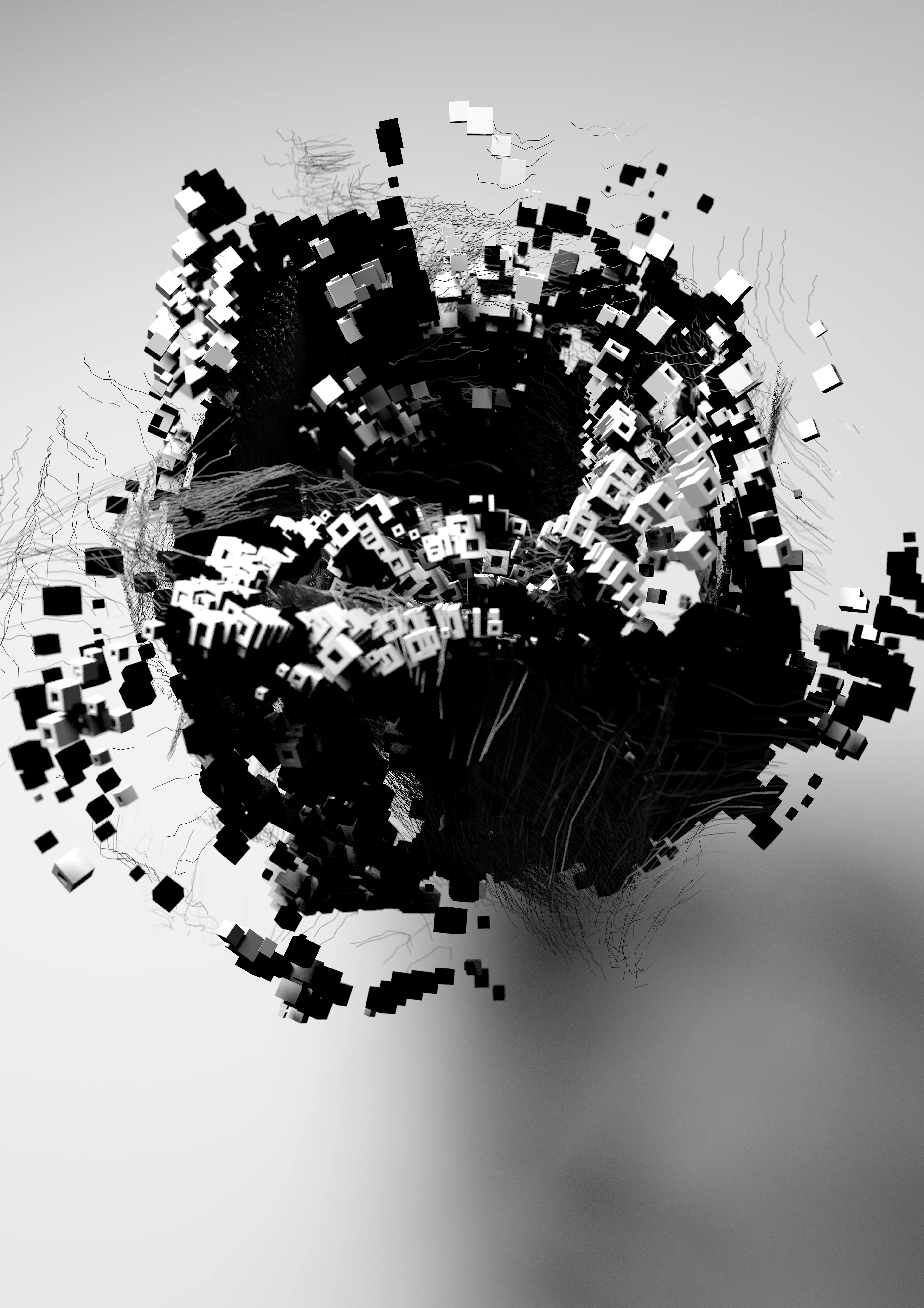 I've always been a fan of a monochromatic colour palette, be that the OP Art work of Bridget Riley, the graphic design of Armin Hofmann or films such as Night of the Hunter or the work of David Lynch. The constraints of this restricted palette often give rise to a simple beauty, formed from the interactions between black and white, light and shadow. This series of works is my ode to this non-colour world, exploring the beauty of simple geometric forms together with code and time in a three dimensional, generative space.