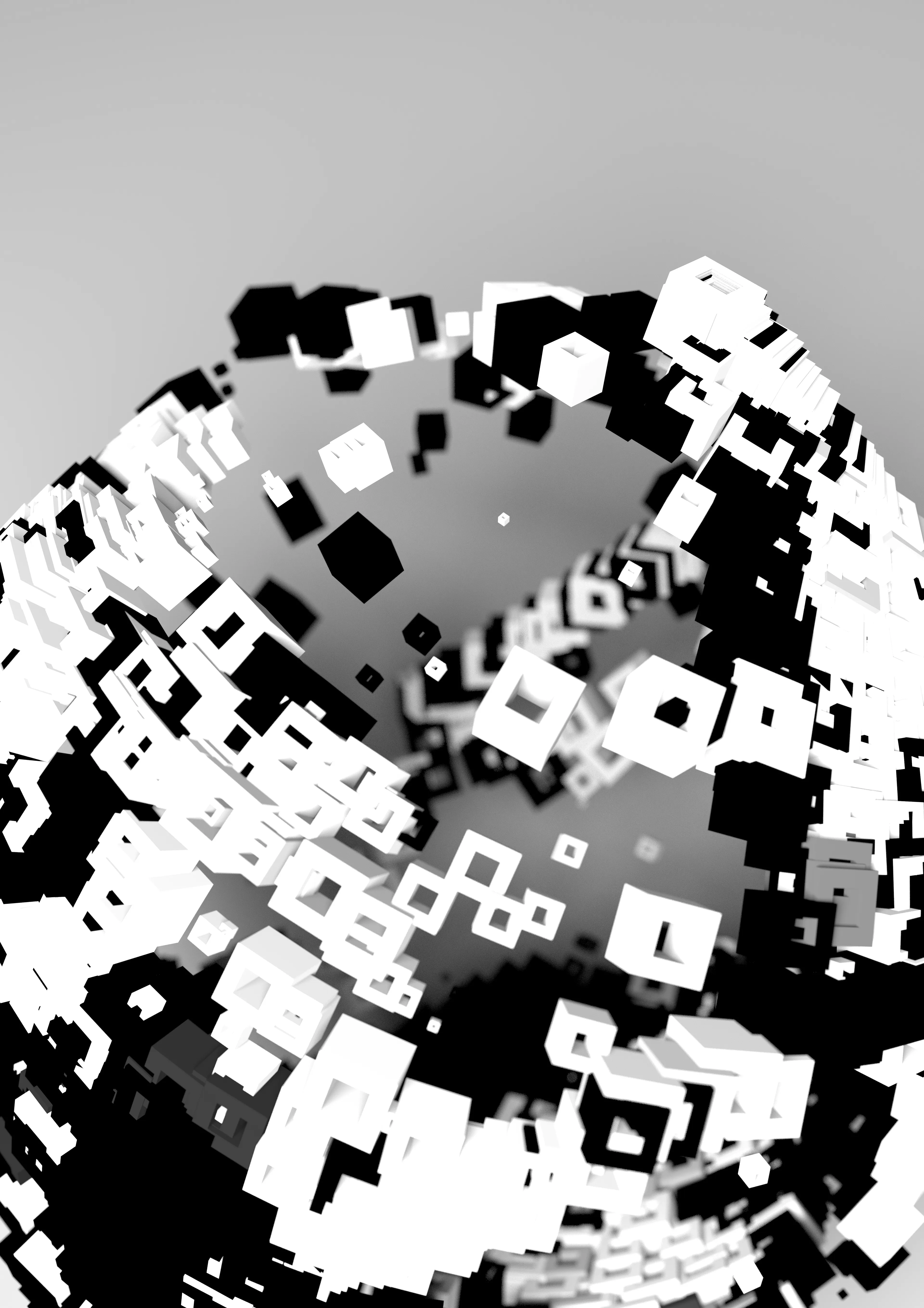 I've always been a fan of a monochromatic colour palette, be that the OP Art work of Bridget Riley, the graphic design of Armin Hofmann or films such as Night of the Hunter or the work of David Lynch. The constraints of this restricted palette often give rise to a simple beauty, formed from the interactions between black and white, light and shadow. This series of works is my ode to this non-colour world, exploring the beauty of simple geometric forms together with code and time in a three dimensional, generative space.