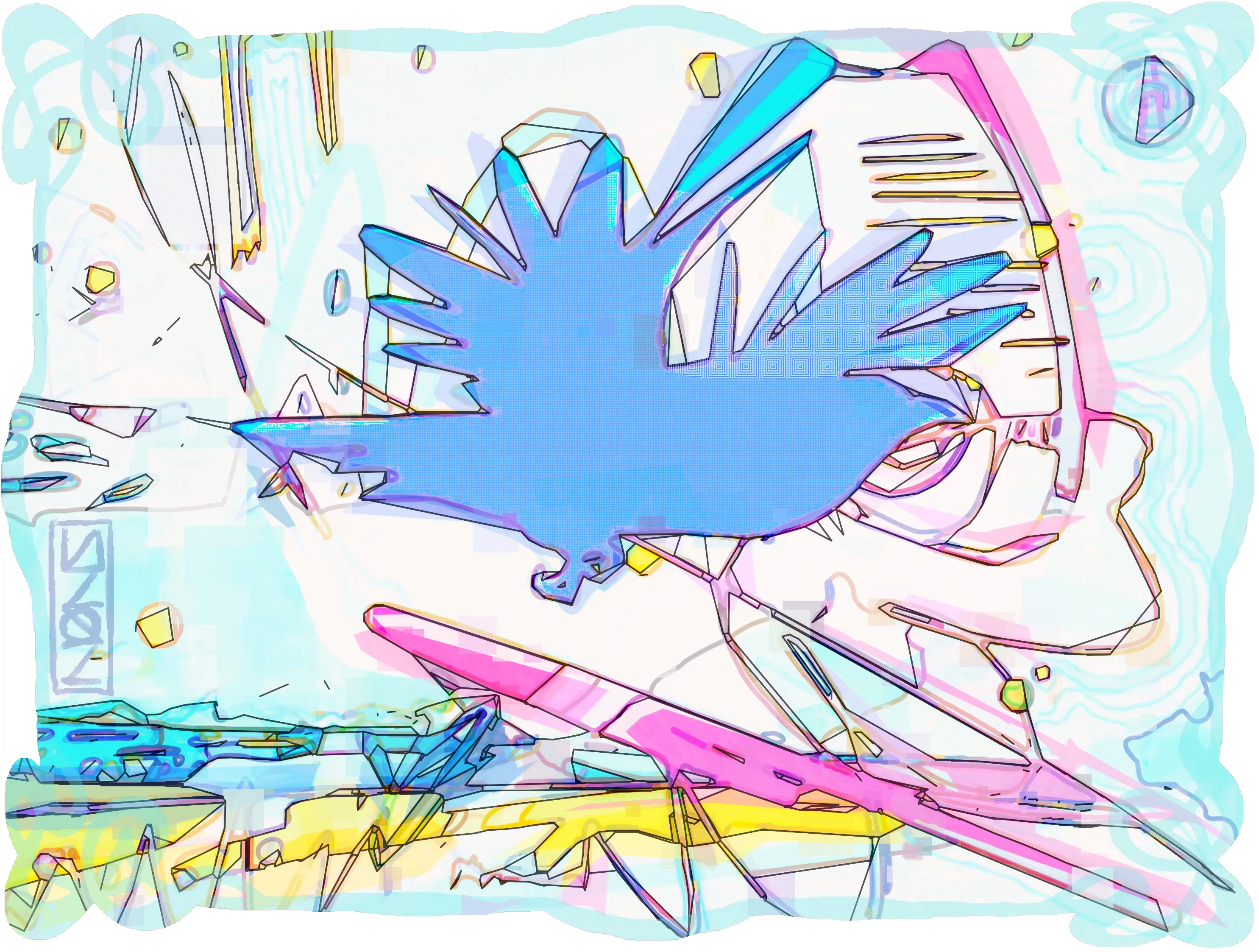 This is a digital mess from a sketch previously worked on dada.art I was so happy with the way the shapes were integrated with the strokes and color, giving a good balance in terms of composition, so I decided to continue working on that basis, trying to get a sort of enhanced artwork to make me even happier. So here we are.